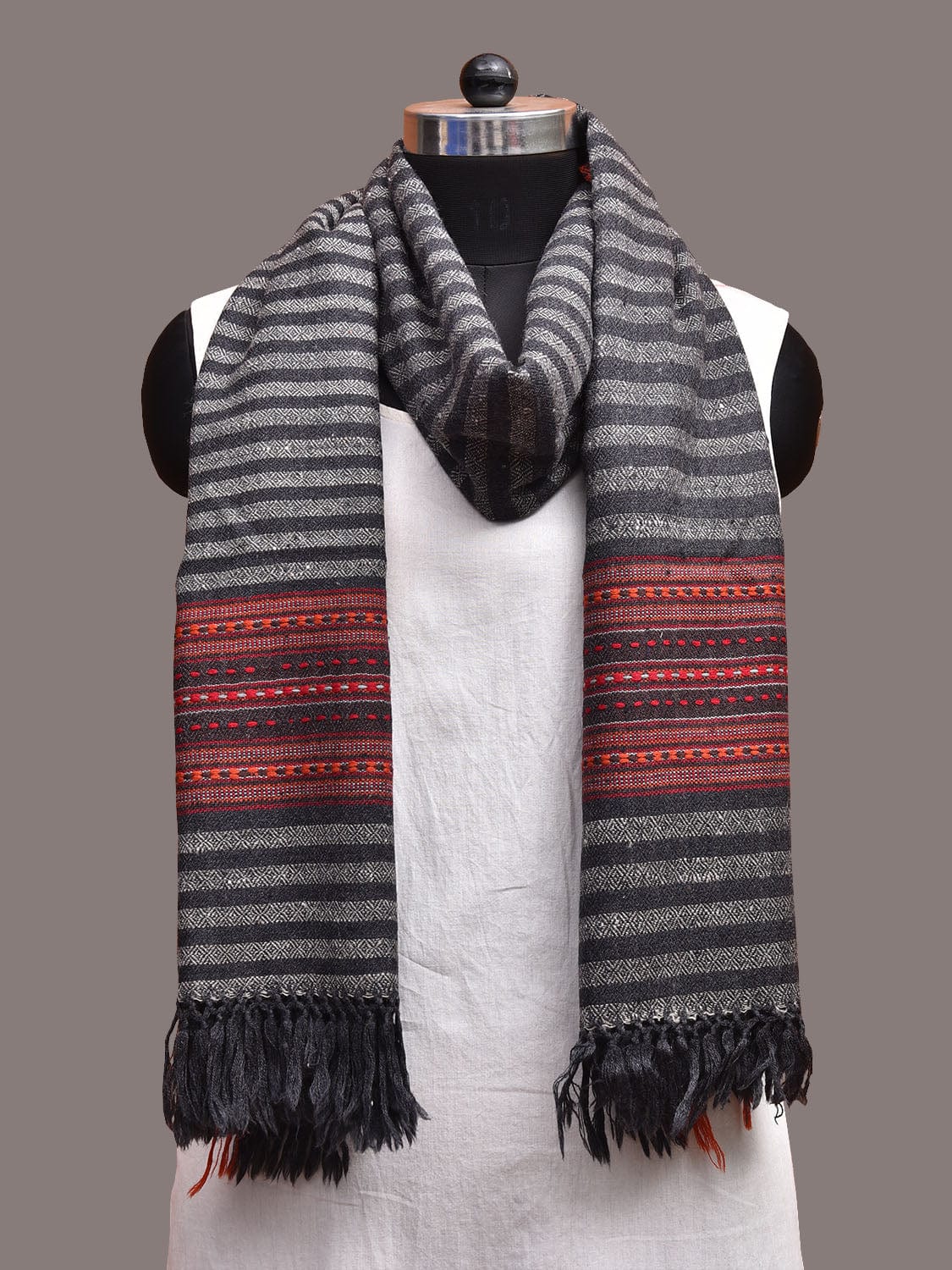 Black and Grey Woolen Shawl with Strips Design ds3661