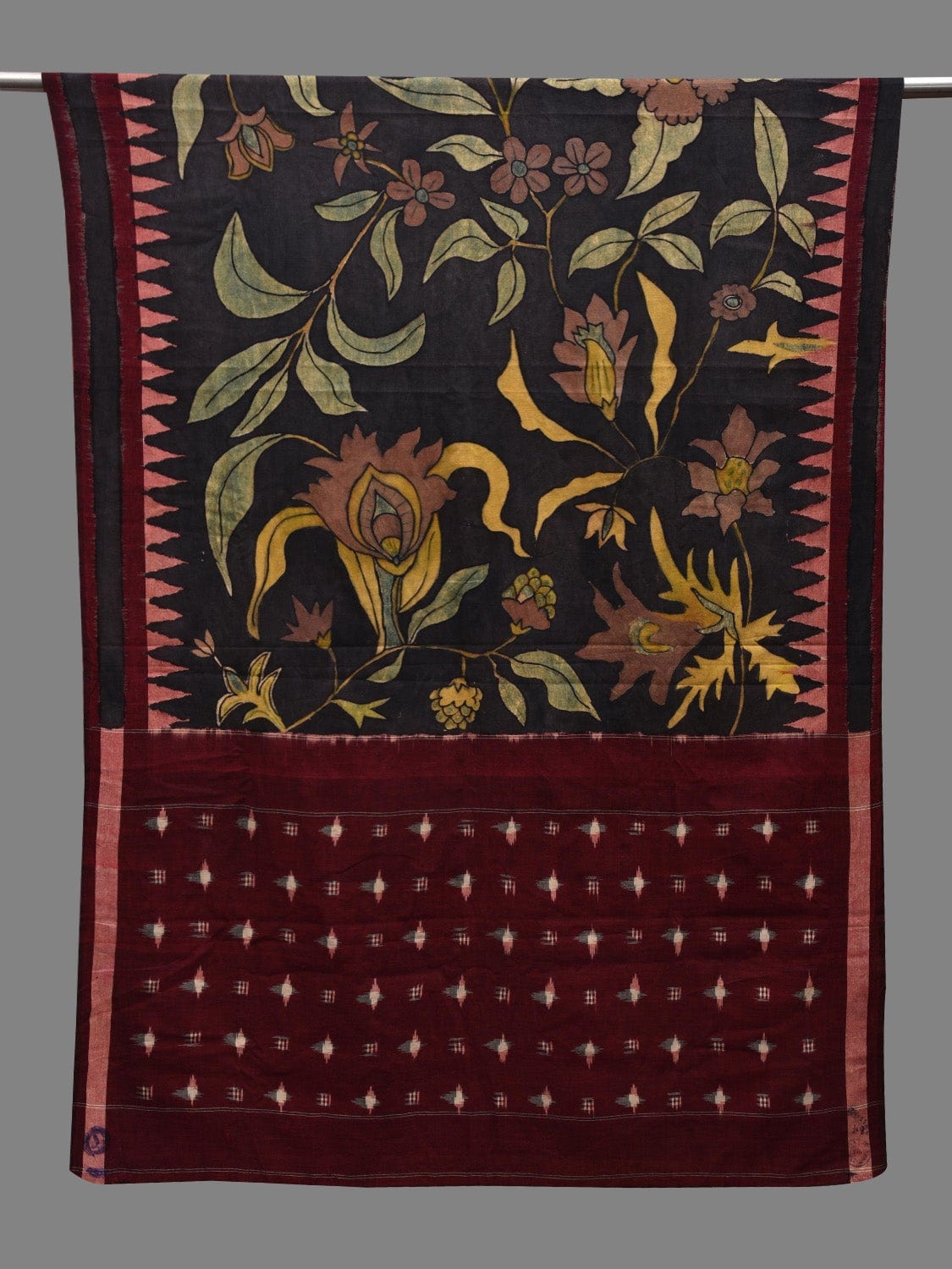 Black and Maroon Kalamkari Hand Painted Ikat Cotton Handloom Dupatta with Floral Design ds2625