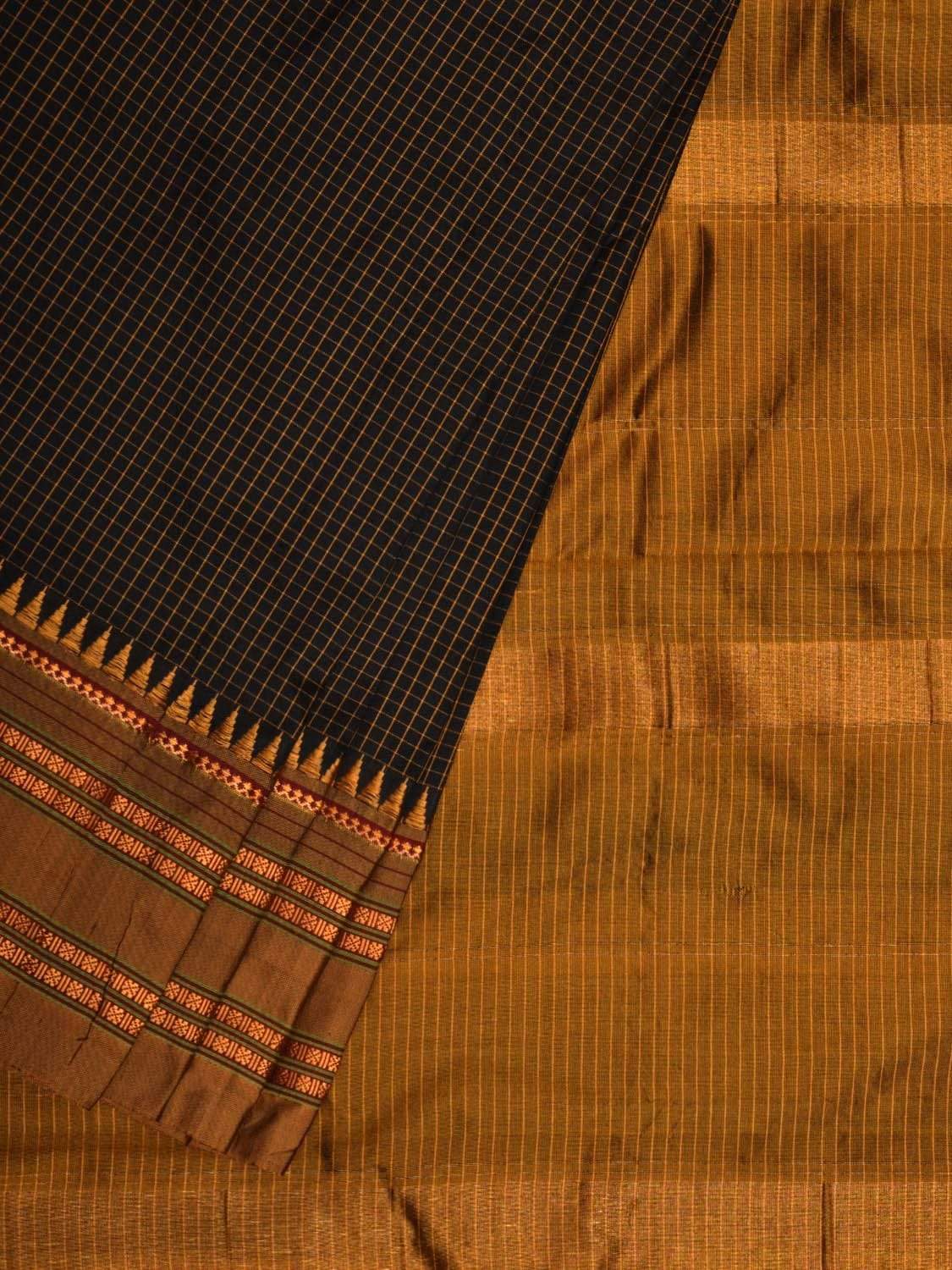Black and Mustard Narayanpet Silk Handloom Saree with Checks Design No Blouse np0436