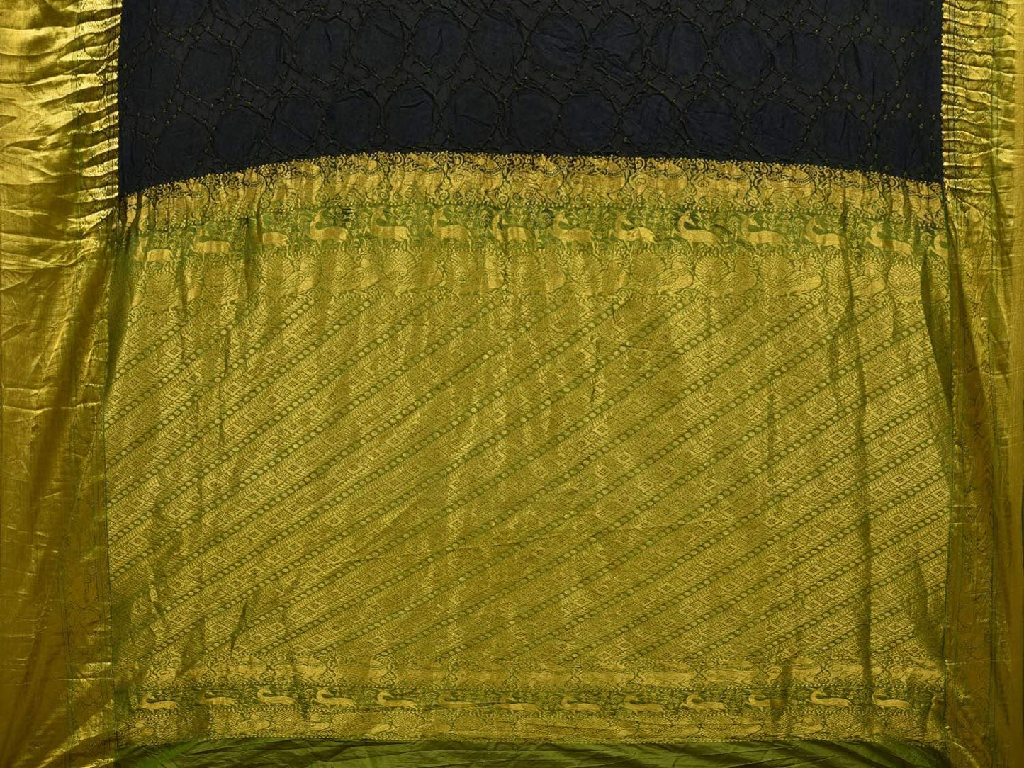 Black and Olive Bandhani Kanchipuram Silk Handloom Saree with Buta Design bn0251