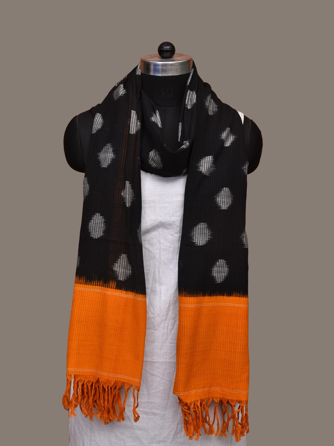 Black and Orange Pochampally Ikat Cotton Handloom Dupatta with Polka Dots Design ds3292