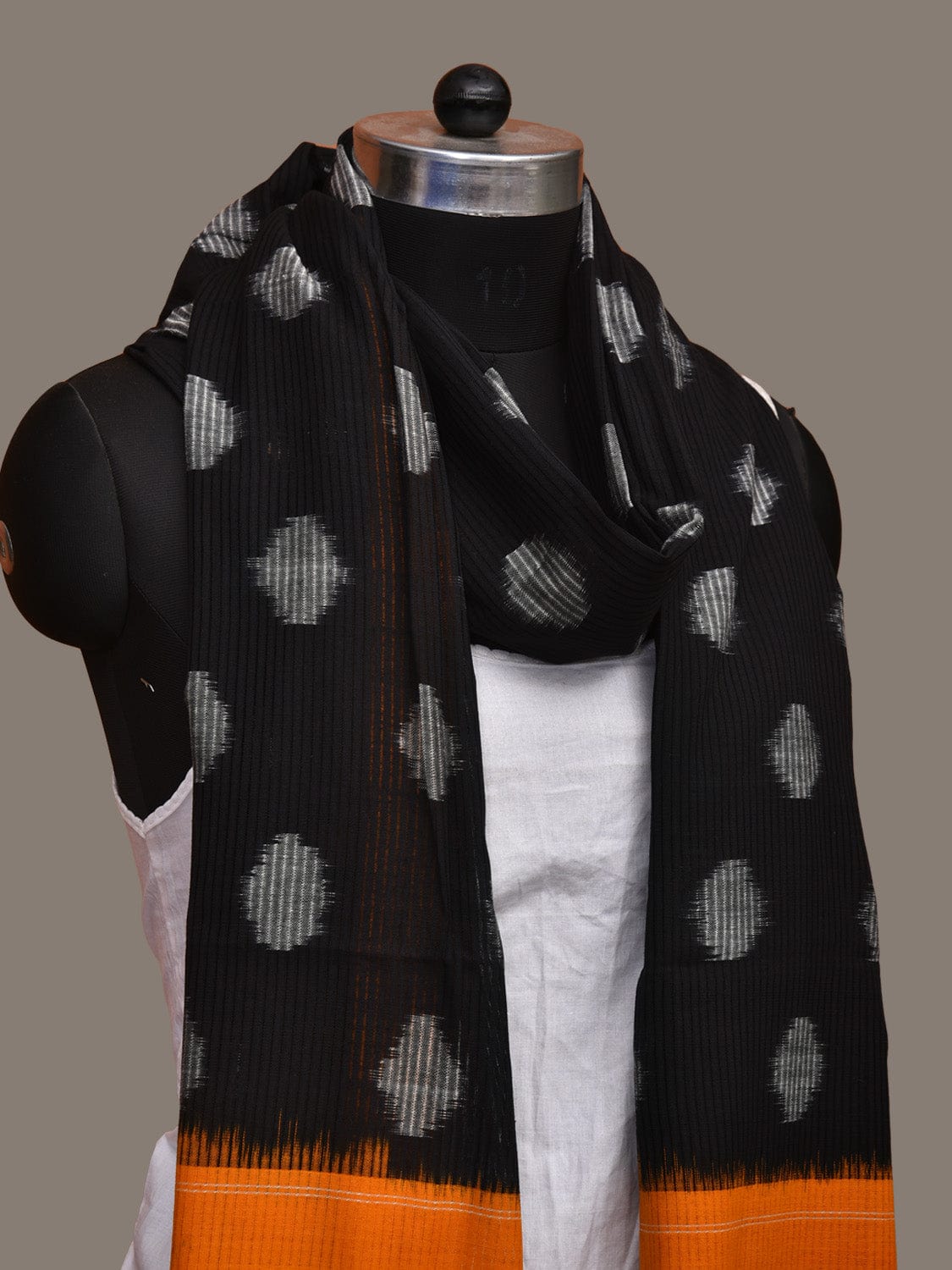 Black and Orange Pochampally Ikat Cotton Handloom Dupatta with Polka Dots Design ds3292