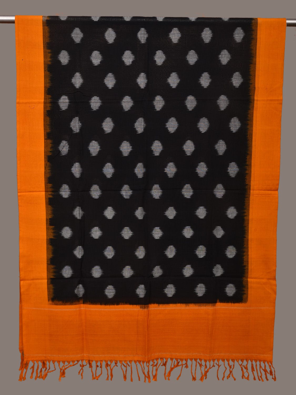 Black and Orange Pochampally Ikat Cotton Handloom Dupatta with Polka Dots Design ds3292