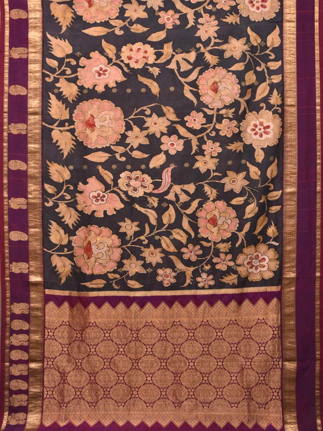 Black and Purple Kalamkari Hand Painted Gadwal Silk Handloom Saree with Big Floral Design KL0421