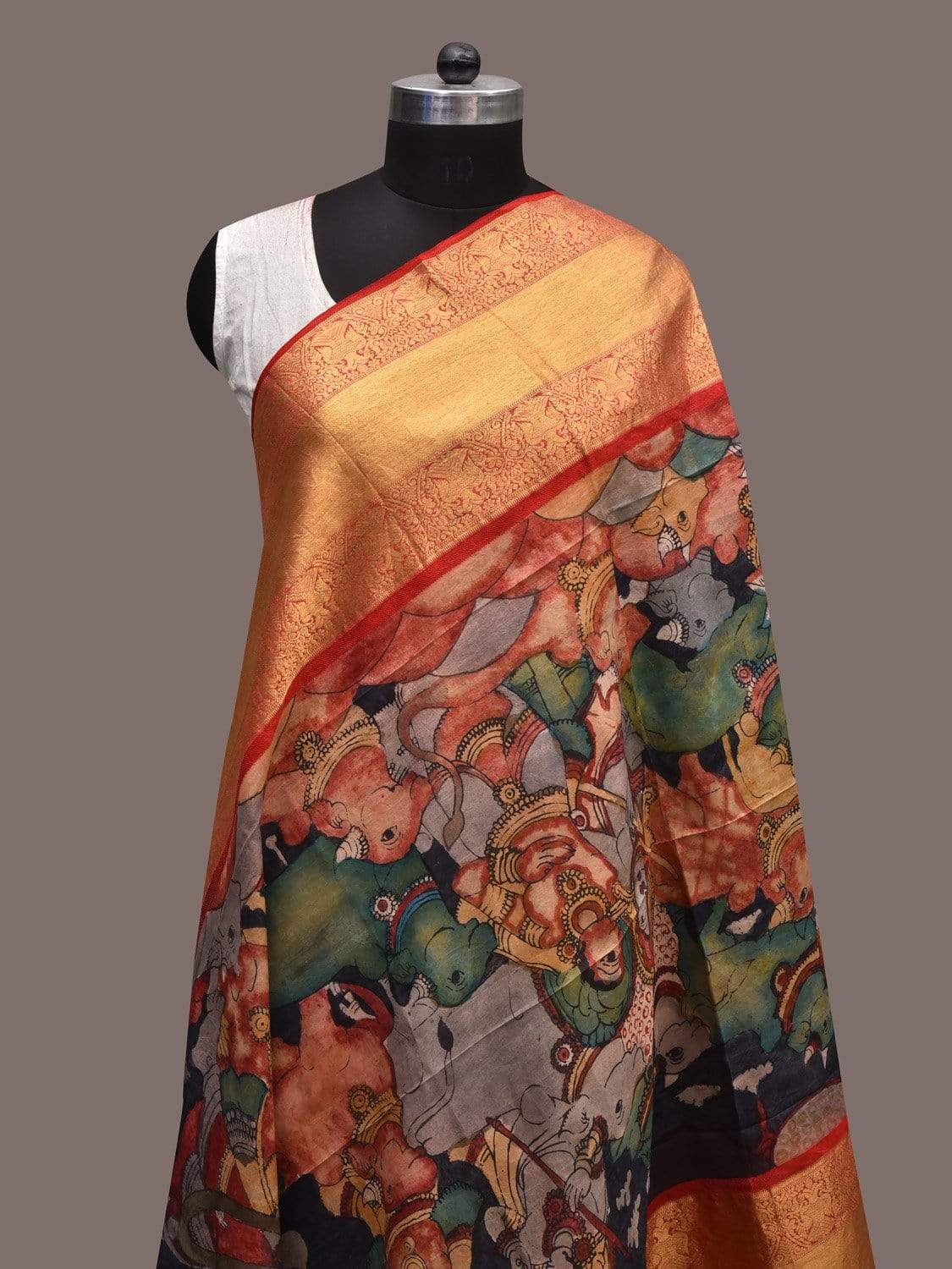 Black and Red Kalamkari Hand Painted Kanchipuram Silk Handloom Dupatta with with Krishna and Cows Design ds2344