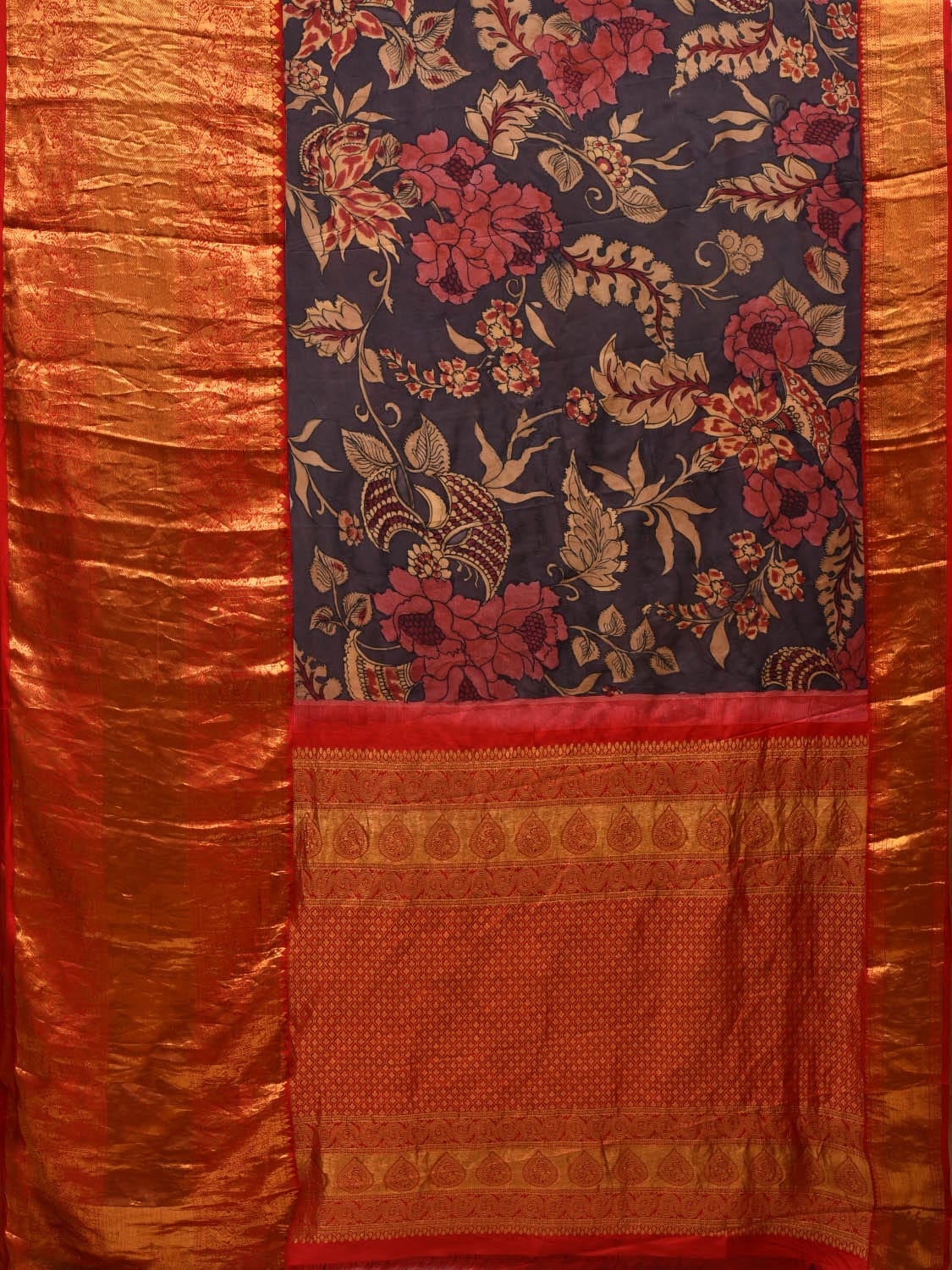 Black and Red Kalamkari Hand Painted Kanchipuram Silk Handloom Saree with Big Floral Design KL0641