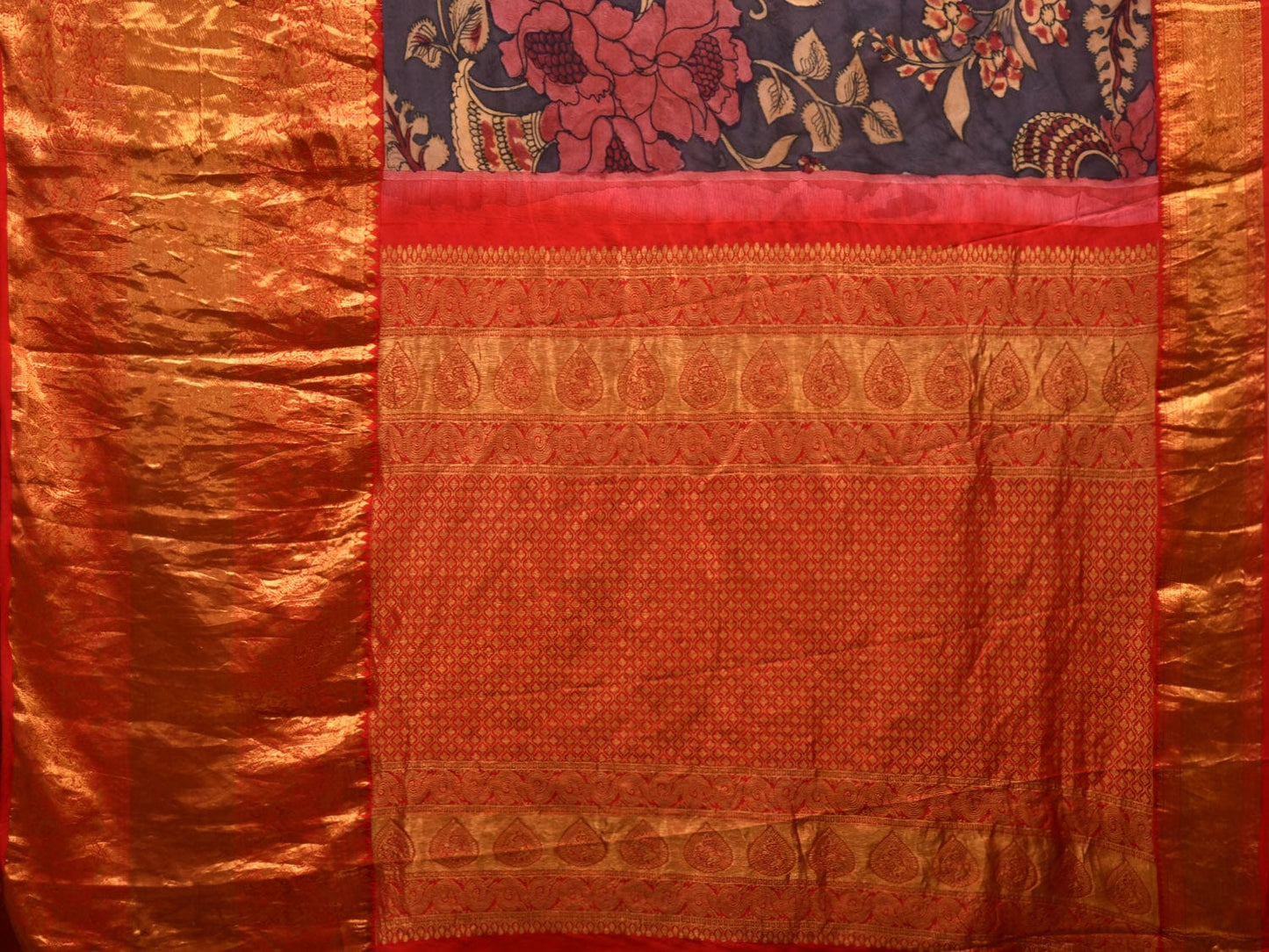 Black and Red Kalamkari Hand Painted Kanchipuram Silk Handloom Saree with Big Floral Design KL0641