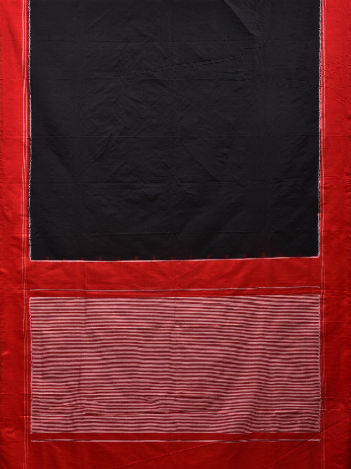 Black and Red Pochampally Double Ikat Silk Handloom Saree with Half Plain and Half Telia Design i0701
