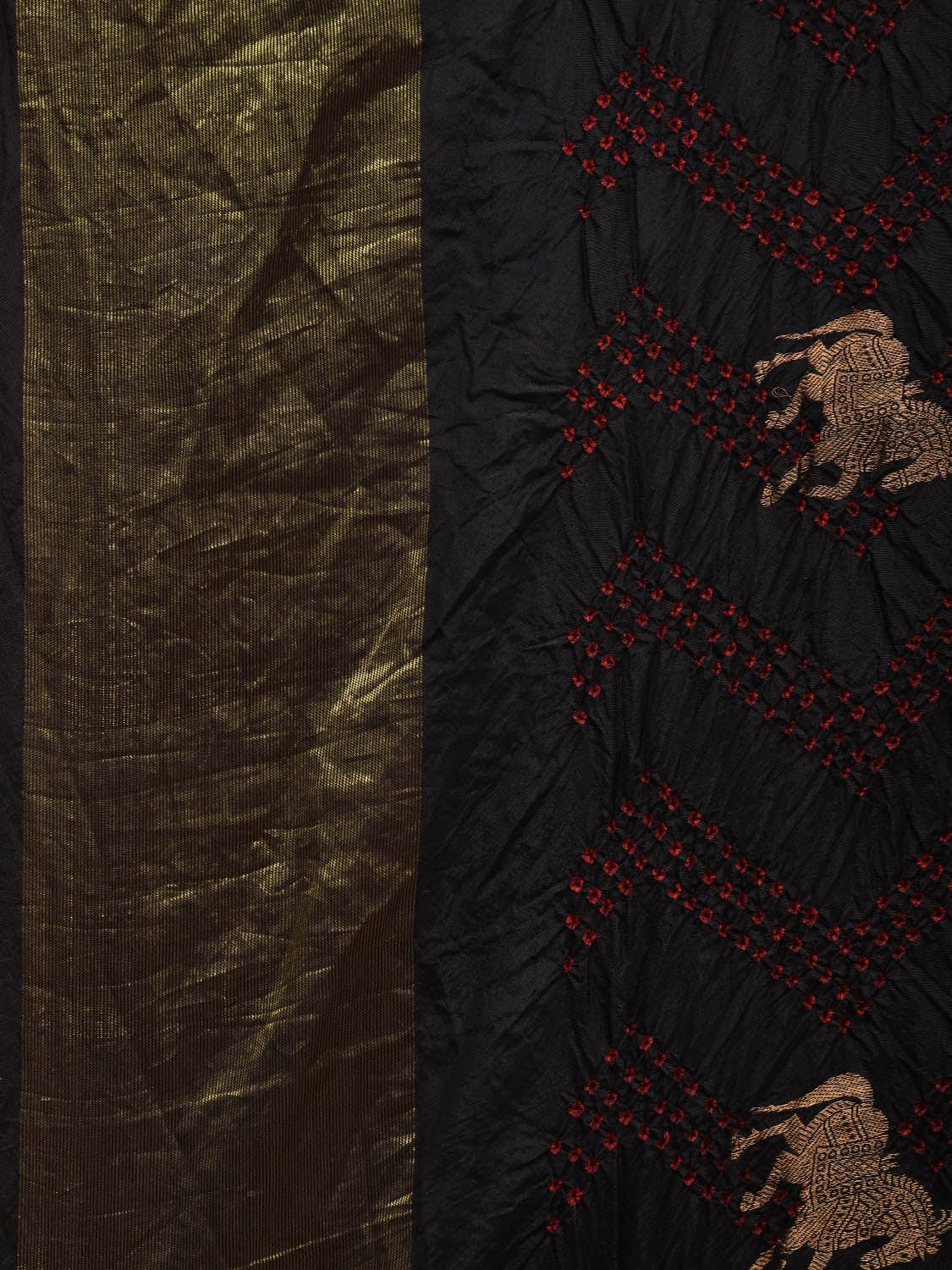 Black Bandhani Kanchipuram Silk Handloom Saree with Horse Buta Design bn0345