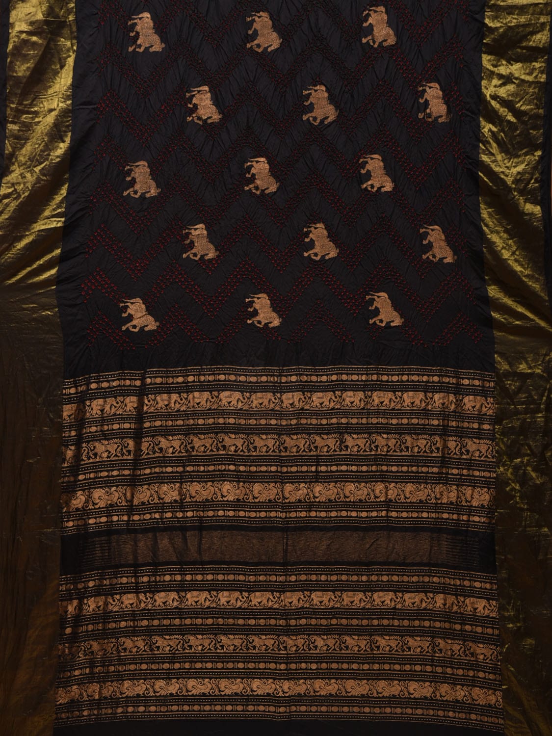 Black Bandhani Kanchipuram Silk Handloom Saree with Horse Buta Design bn0345