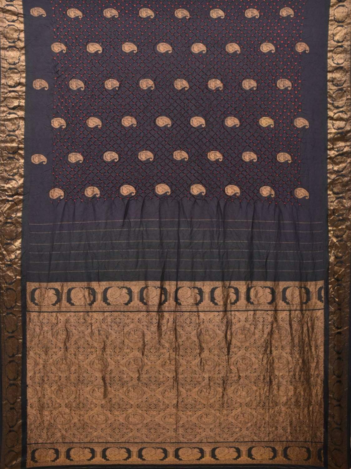 Black Bandhani Kanchipuram Silk Handloom Saree with Mango Buta Design bn0222