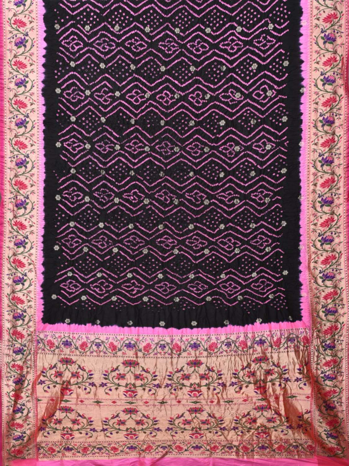 Black Bandhani Paithani Silk Handloom Saree with Lotus Border Design bn0184