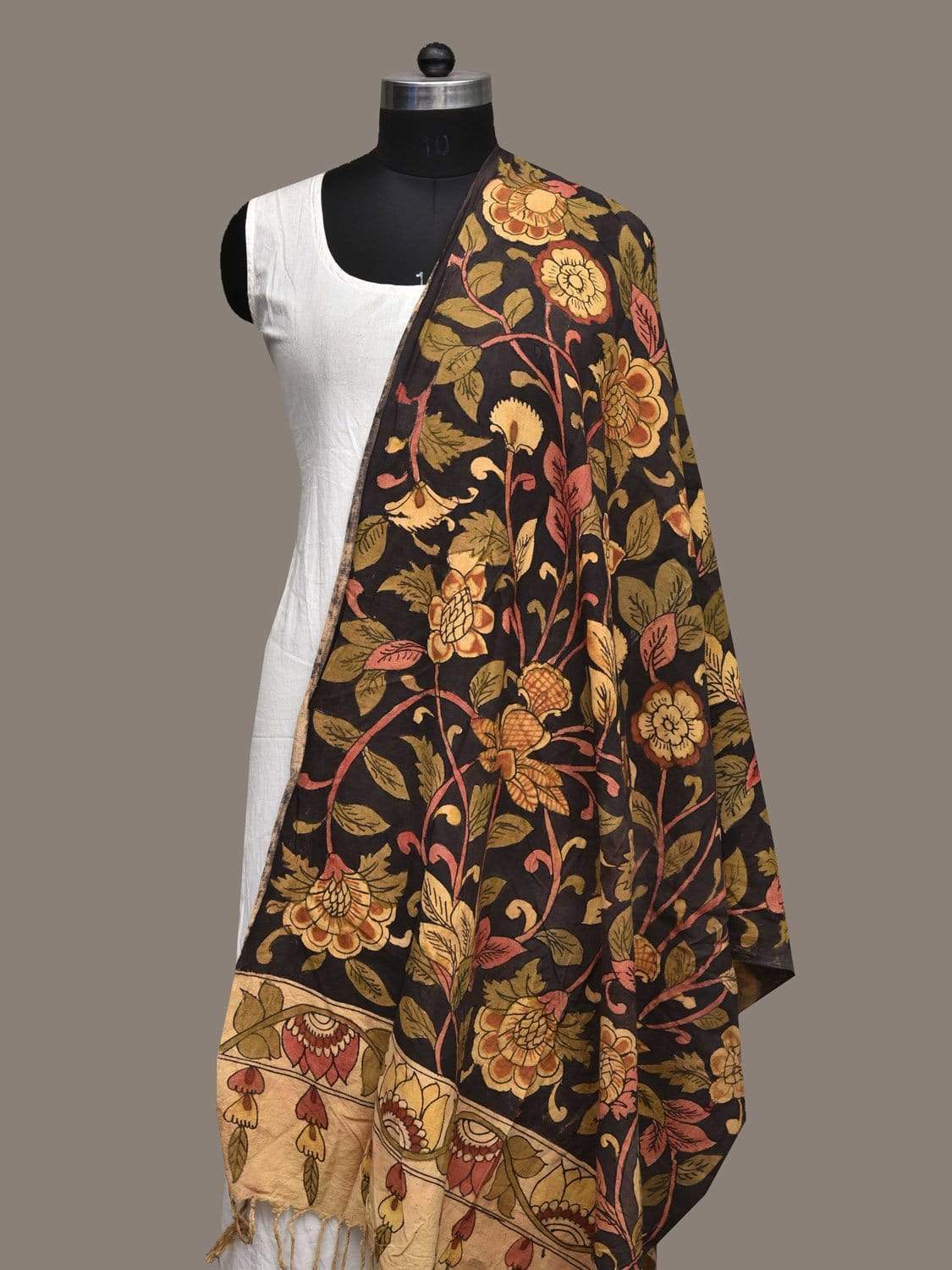 Black Kalamkari Hand Painted Cotton Handloom Dupatta with Floral Design ds2269