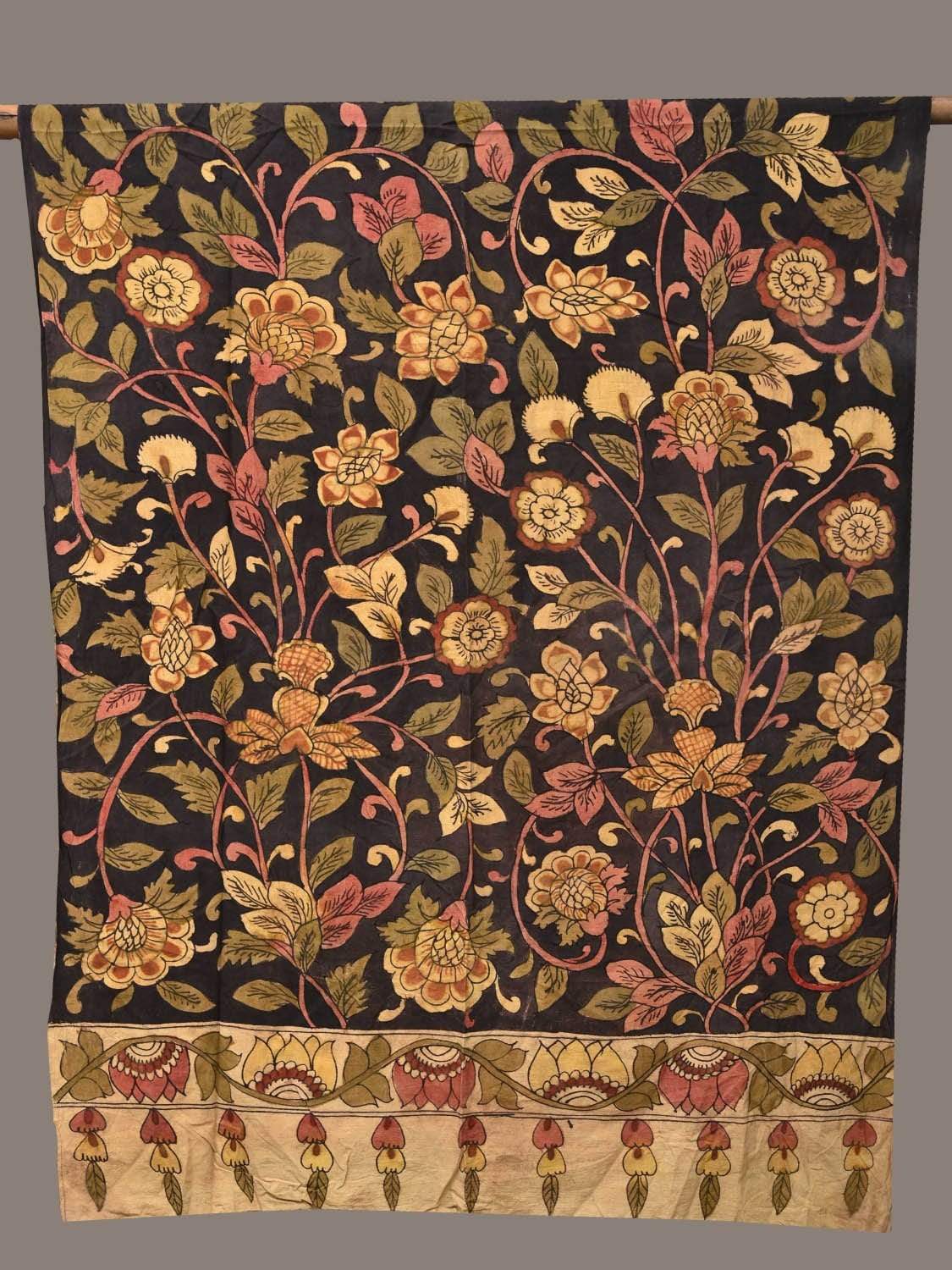 Black Kalamkari Hand Painted Cotton Handloom Dupatta with Floral Design ds2269