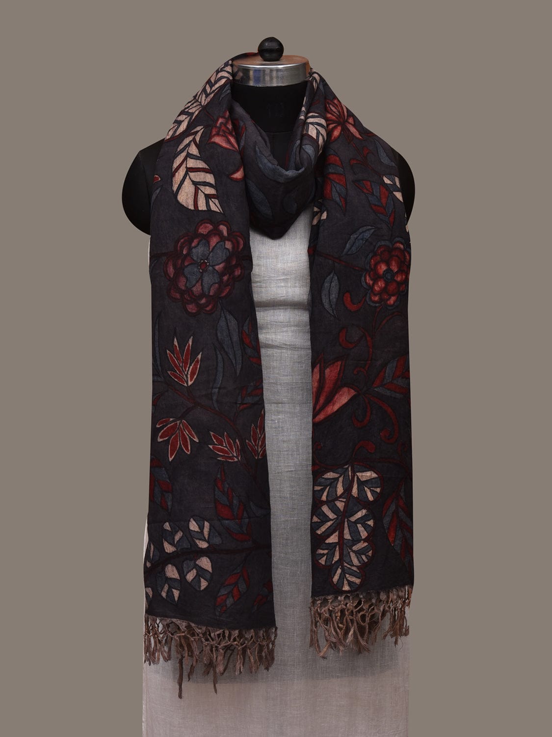 Black Kalamkari Hand Painted Cotton Handloom Dupatta with Floral Design ds2969
