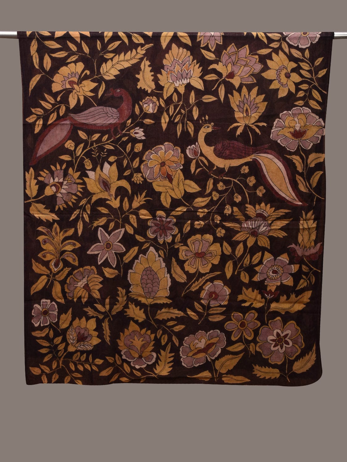 Black Kalamkari Hand Painted Cotton Handloom Dupatta with Flowers and Peacocks Design ds2704