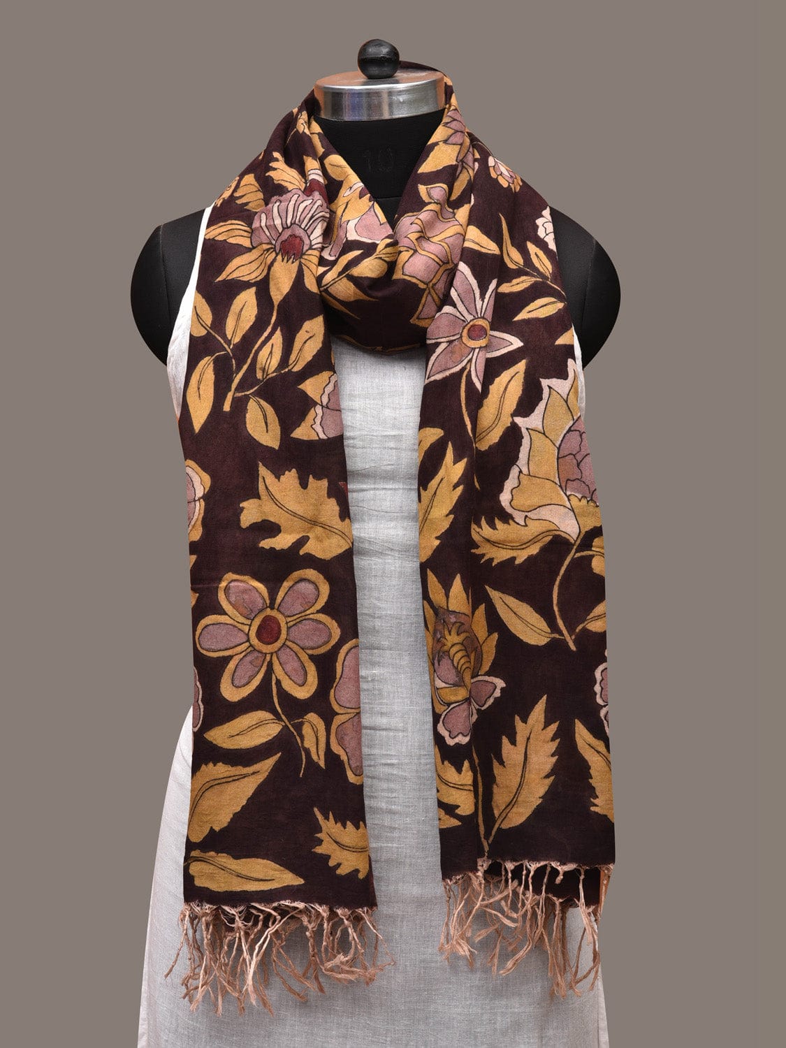 Black Kalamkari Hand Painted Cotton Handloom Dupatta with Flowers and Peacocks Design ds2704