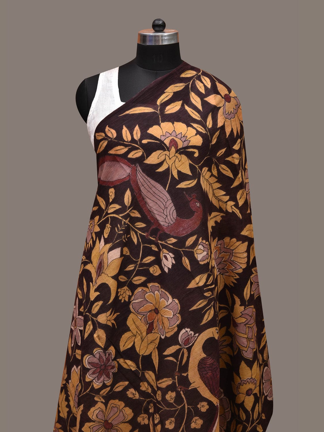 Black Kalamkari Hand Painted Cotton Handloom Dupatta with Flowers and Peacocks Design ds2704