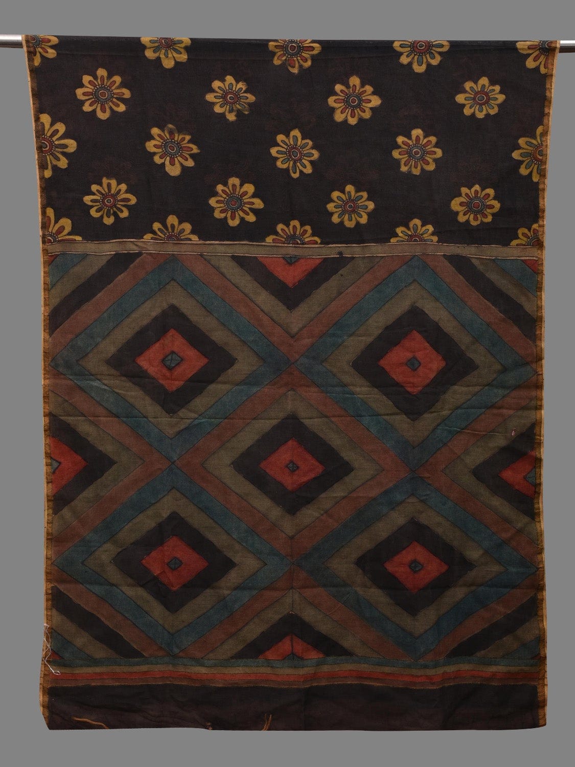 Black Kalamkari Hand Painted Cotton Silk Handloom Dupatta with Floral and Geometric Design ds2626