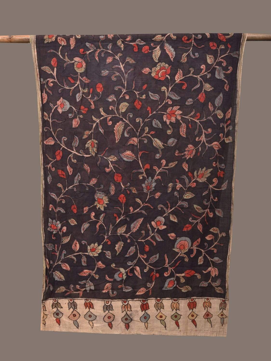 Black Kalamkari Hand Painted Cotton Silk Handloom Dupatta with Floral Design ds2274