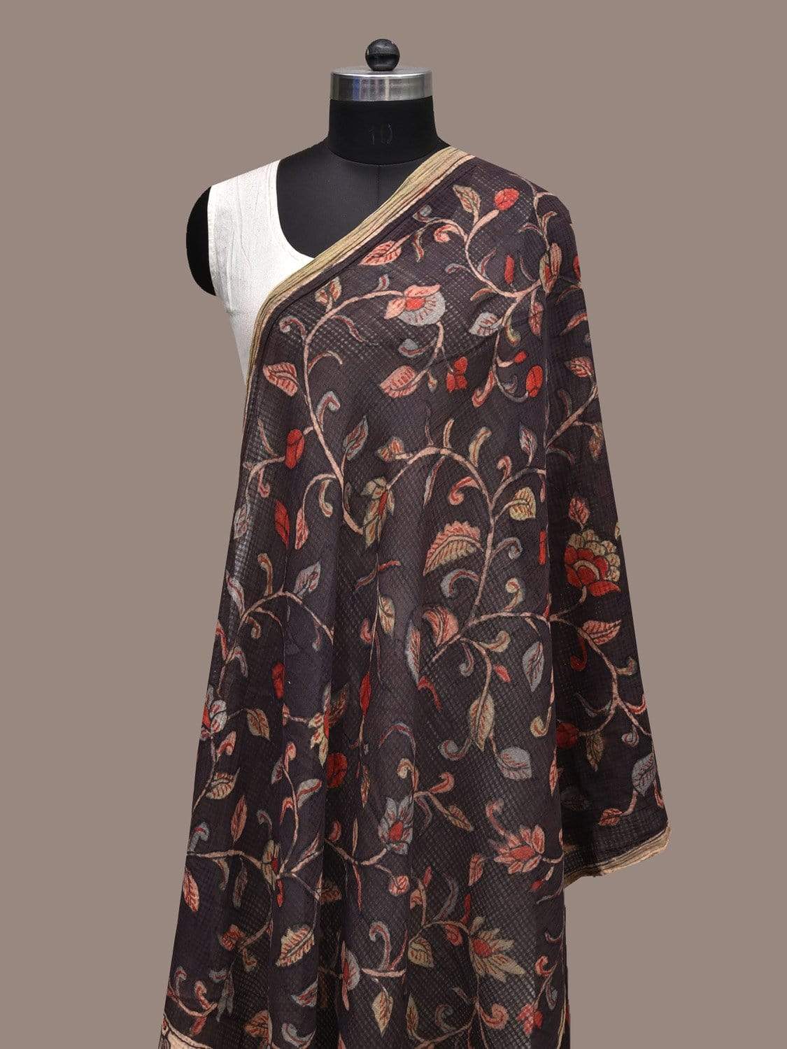 Black Kalamkari Hand Painted Cotton Silk Handloom Dupatta with Floral Design ds2274