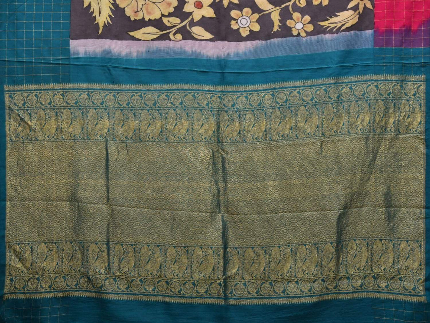 Black Kalamkari Hand Painted Gadwal Silk Handloom Saree with Ganga-Jamuna Checks Border Design KL0471