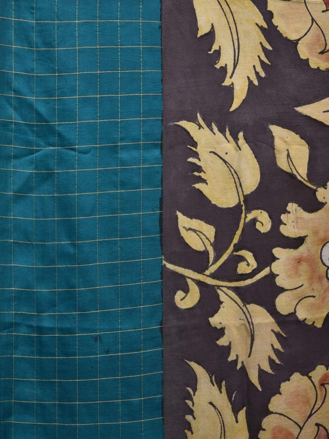 Black Kalamkari Hand Painted Gadwal Silk Handloom Saree with Ganga-Jamuna Checks Border Design KL0471