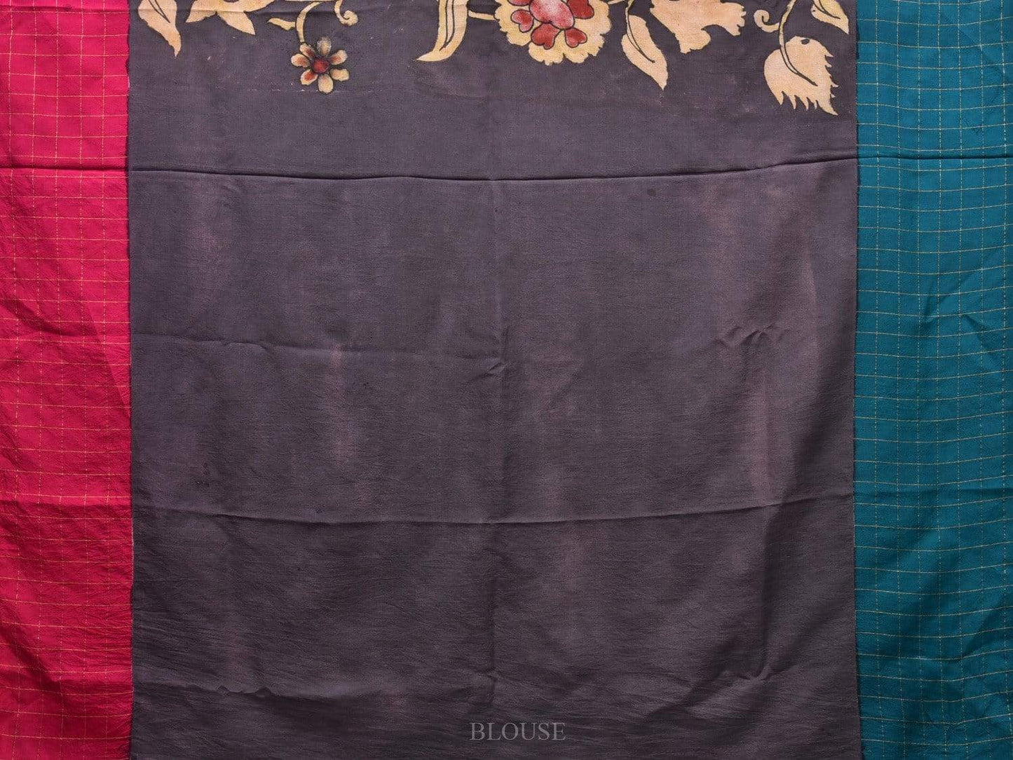 Black Kalamkari Hand Painted Gadwal Silk Handloom Saree with Ganga-Jamuna Checks Border Design KL0471