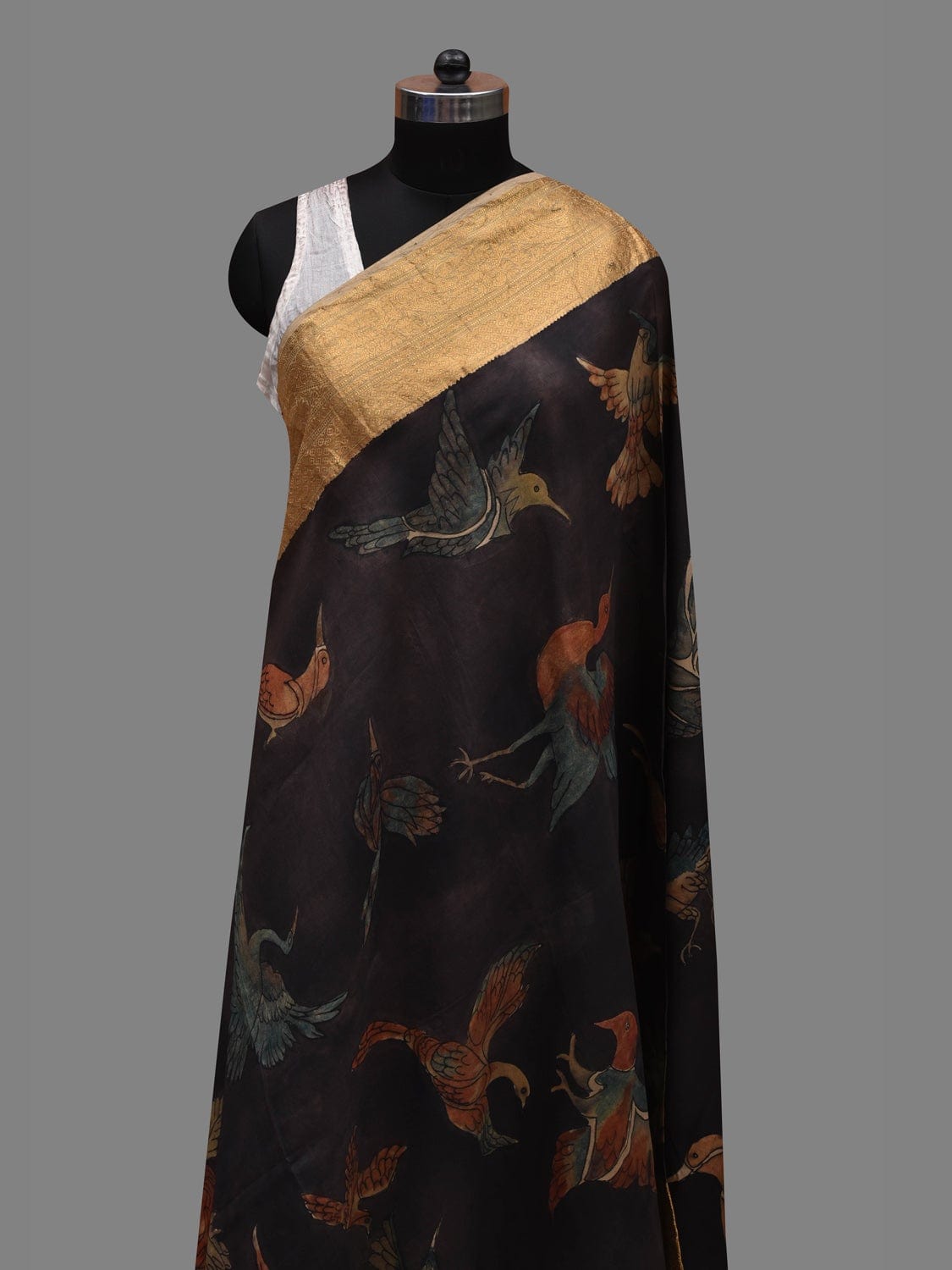 Black Kalamkari Hand Painted Kanchipuram Silk Handloom Dupatta with Birds Design ds2605