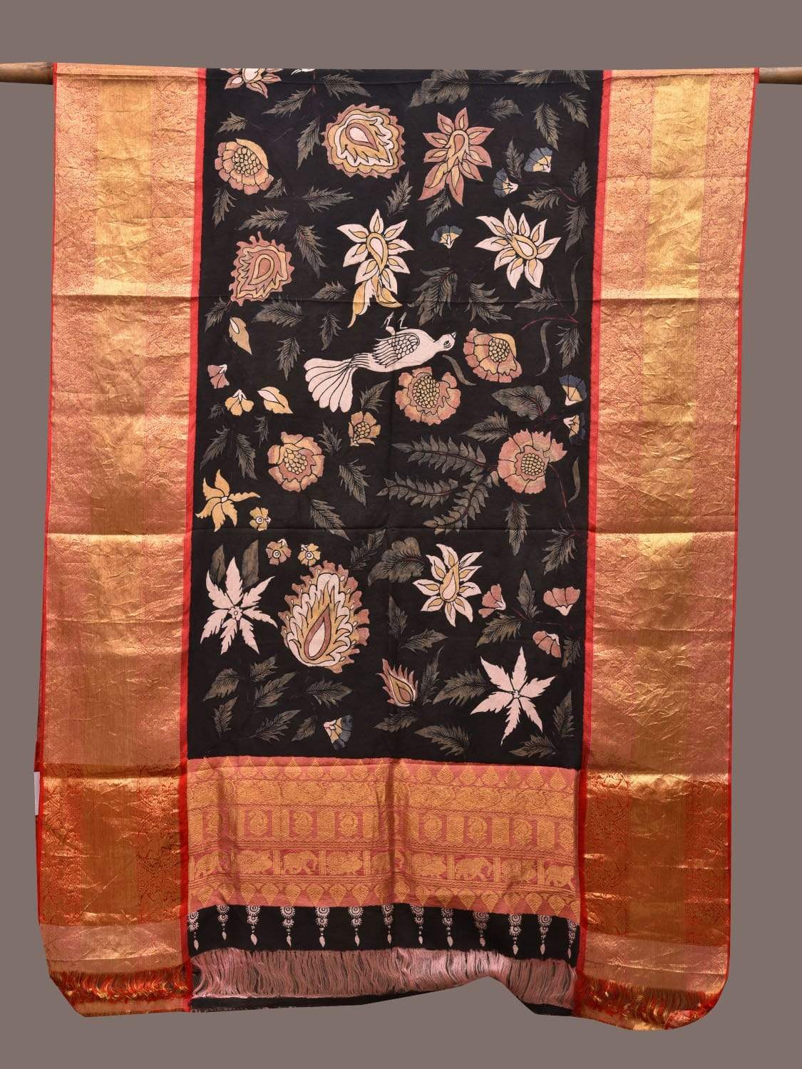Black Kalamkari Hand Painted Kanchipuram Silk Handloom Dupatta with Floral and Birds Design ds2296