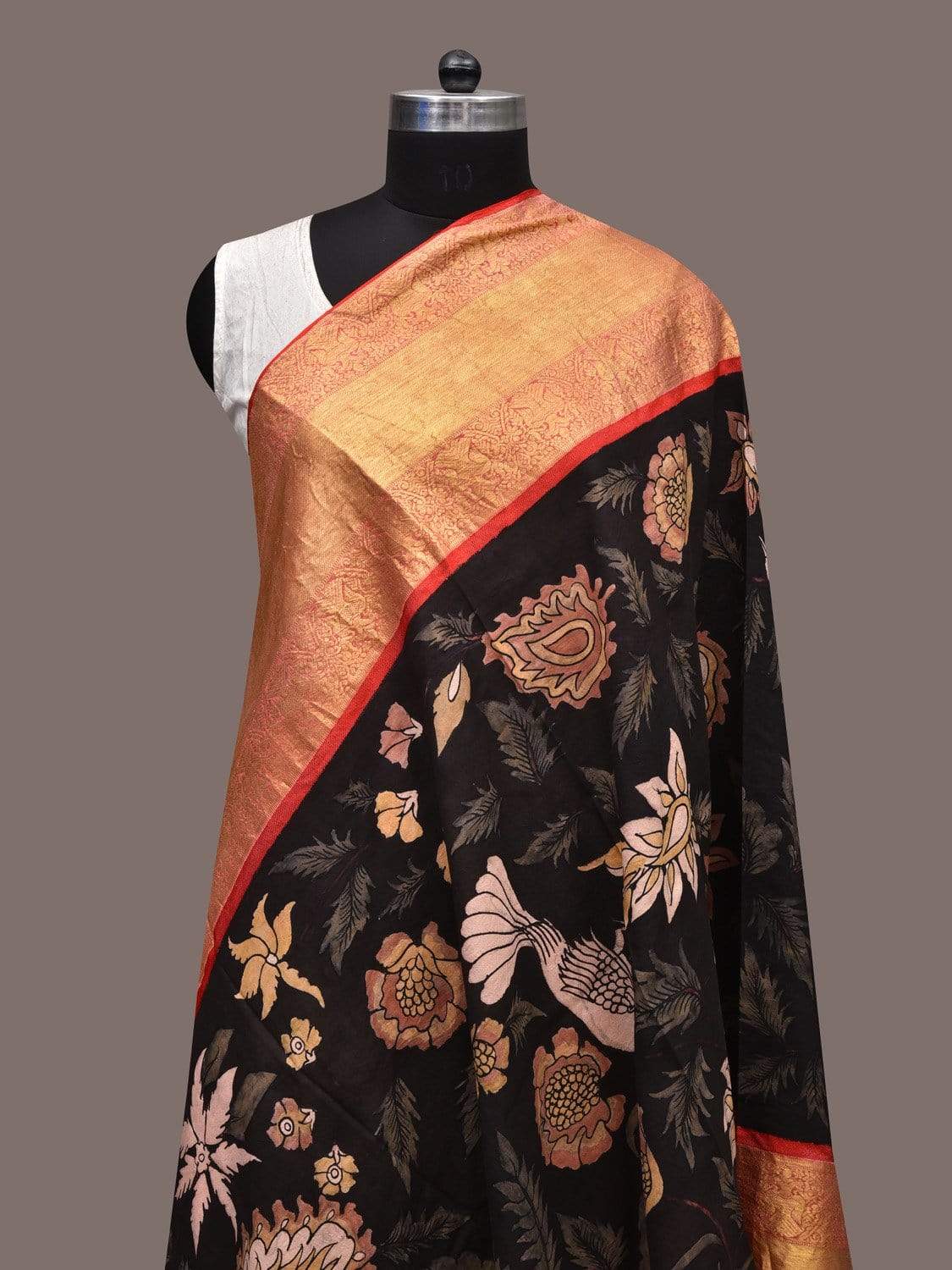 Black Kalamkari Hand Painted Kanchipuram Silk Handloom Dupatta with Floral and Birds Design ds2296