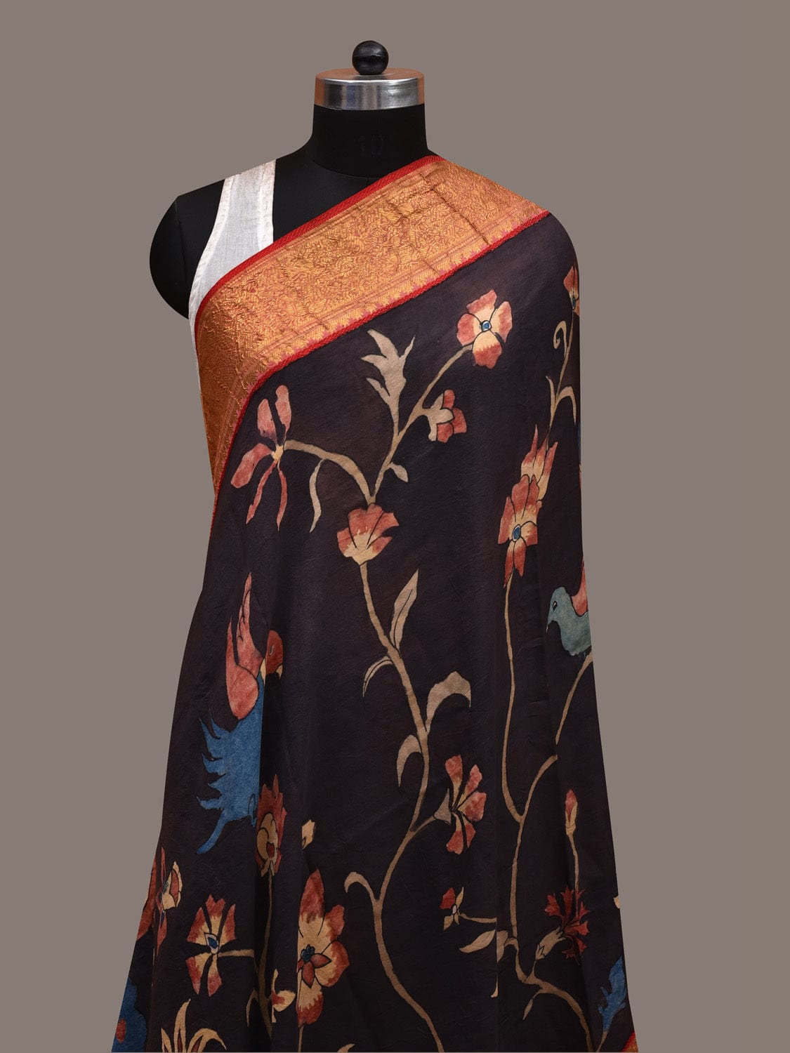 Black Kalamkari Hand Painted Kanchipuram Silk Handloom Dupatta with Floral and Birds Design ds2868