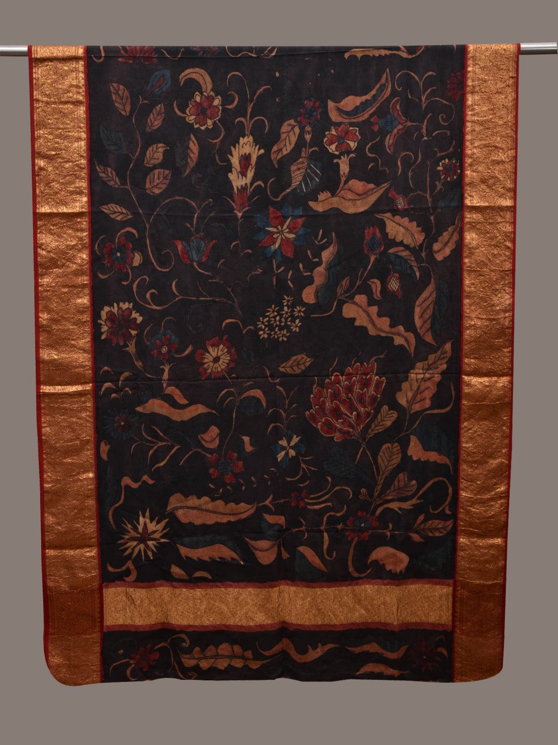 Black Kalamkari Hand Painted Kanchipuram Silk Handloom Dupatta with Floral Design ds2816