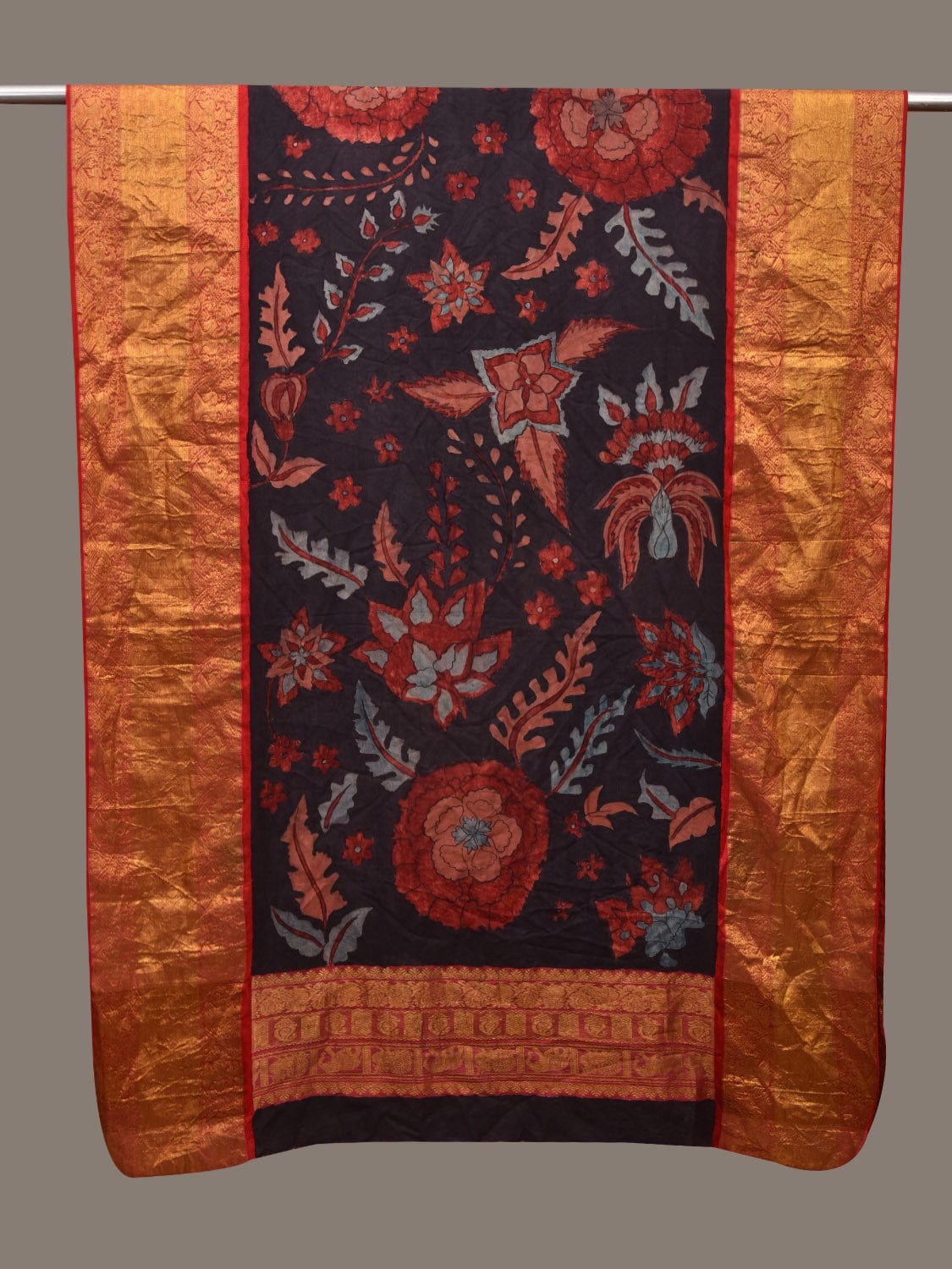 Black Kalamkari Hand Painted Kanchipuram Silk Handloom Dupatta with Floral Design ds3069