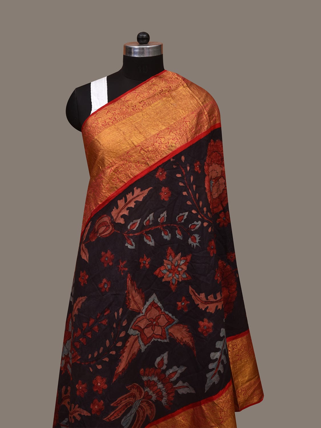 Black Kalamkari Hand Painted Kanchipuram Silk Handloom Dupatta with Floral Design ds3069