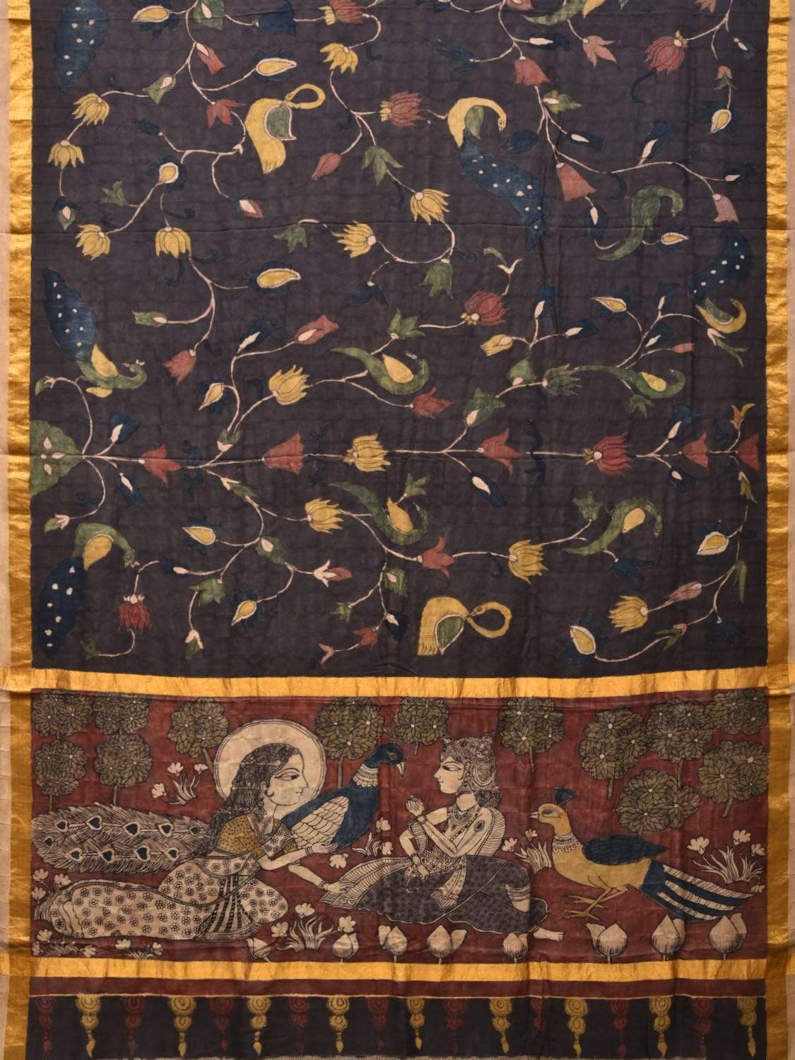 Black Kalamkari Hand Painted Kanchipuram Silk Handloom Saree with Birds and Pallu Design KL0417