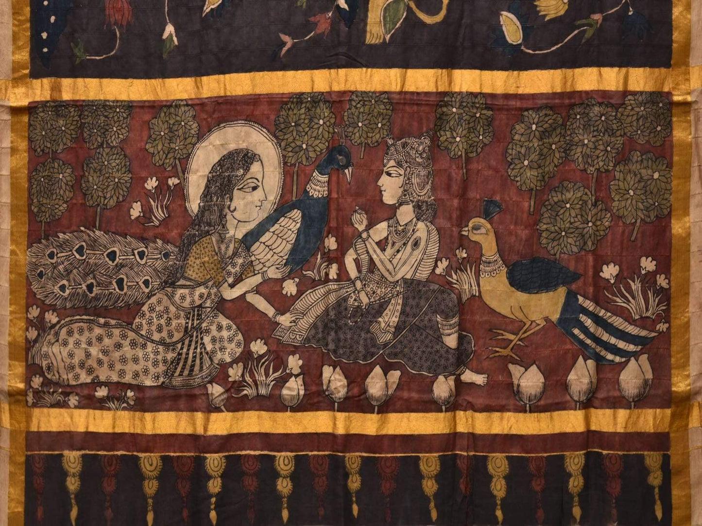 Black Kalamkari Hand Painted Kanchipuram Silk Handloom Saree with Birds and Pallu Design KL0417