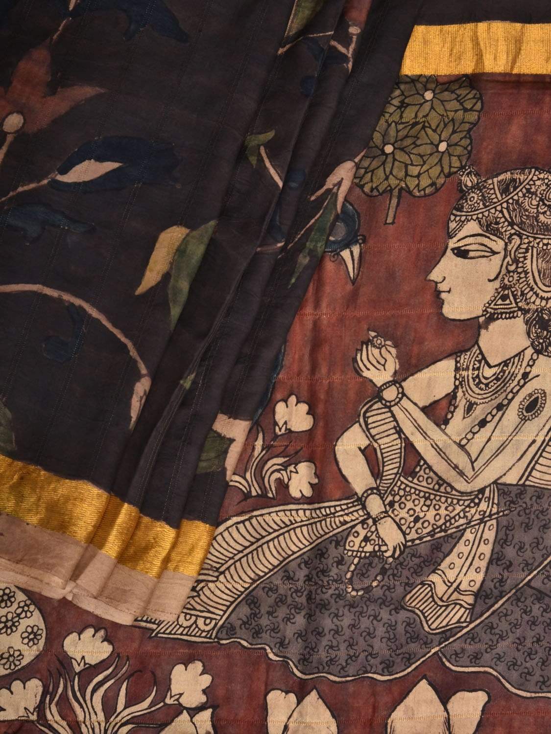 Black Kalamkari Hand Painted Kanchipuram Silk Handloom Saree with Birds and Pallu Design KL0417