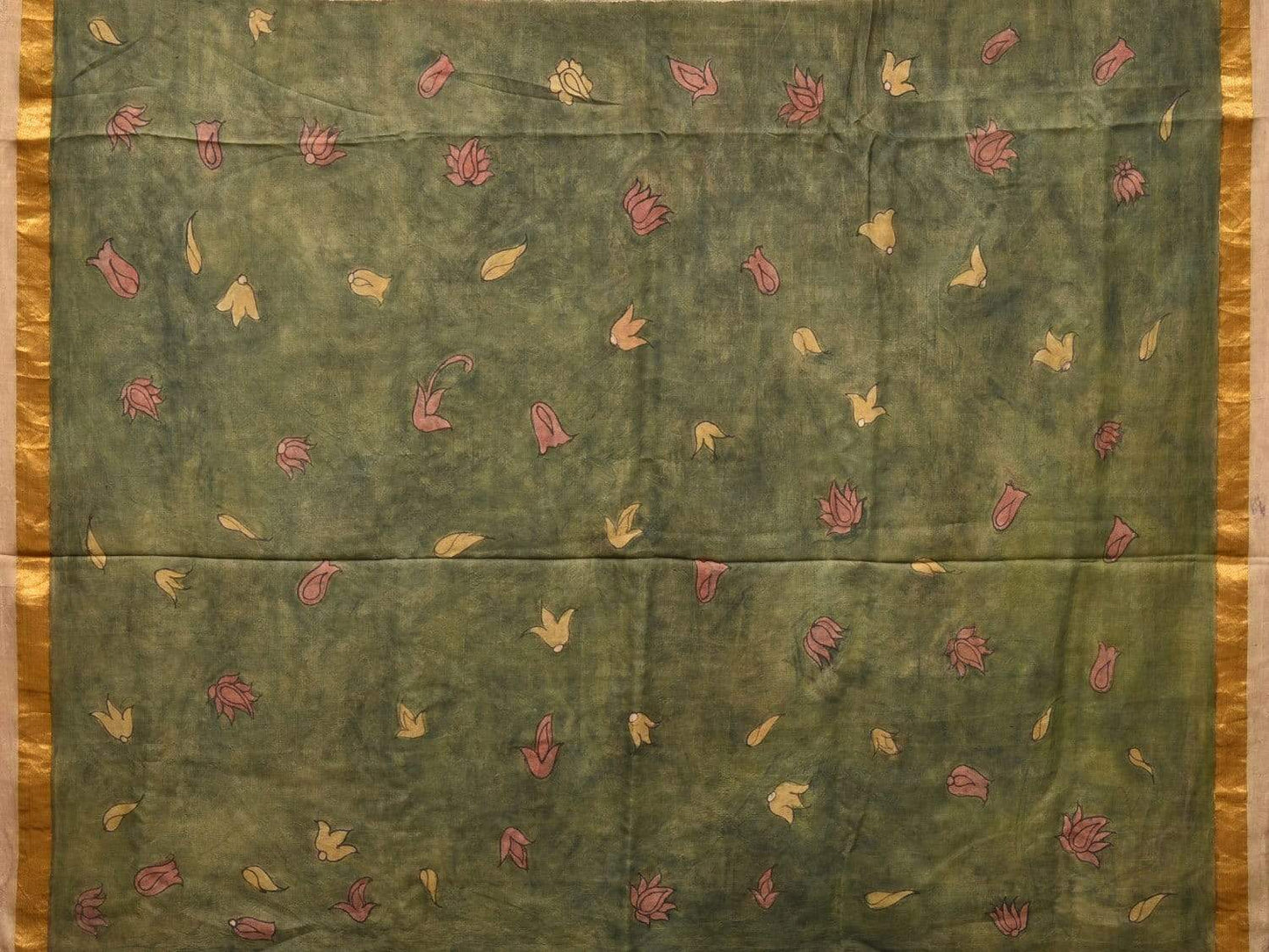 Black Kalamkari Hand Painted Kanchipuram Silk Handloom Saree with Birds and Pallu Design KL0417
