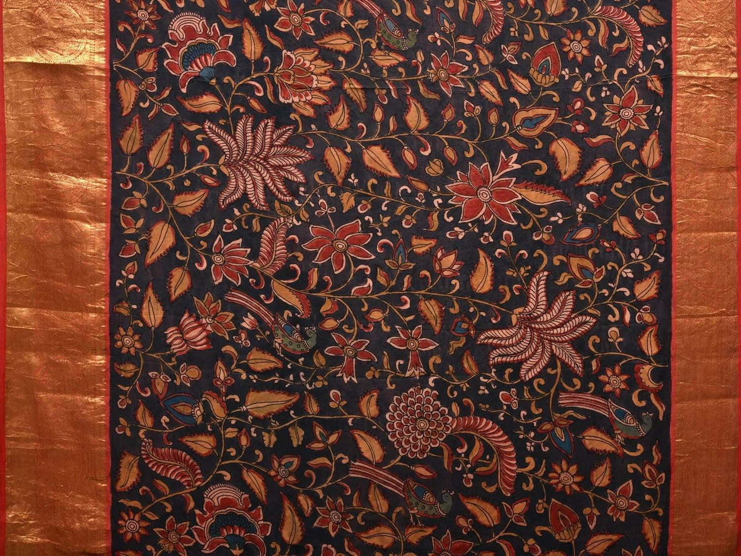 Black Kalamkari Hand Painted Kanchipuram Silk Handloom Saree with Floral and Peacocks Design KL0529