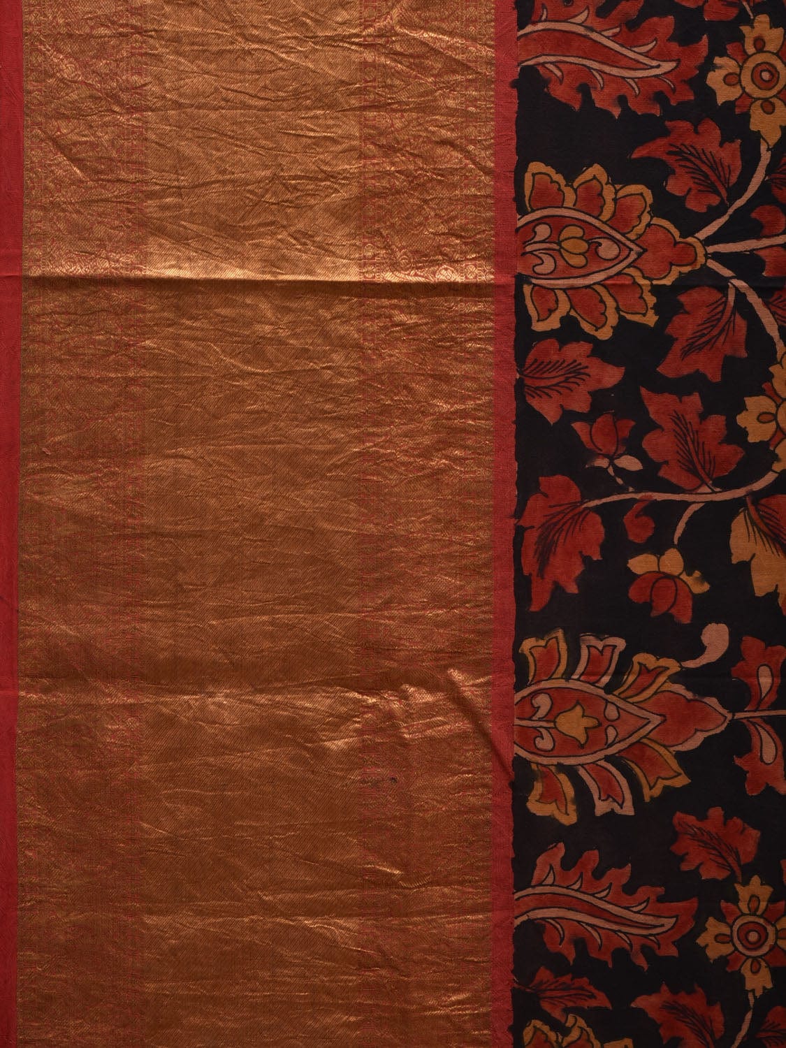 Black Kalamkari Hand Painted Kanchipuram Silk Handloom Saree with Floral Design KL0596