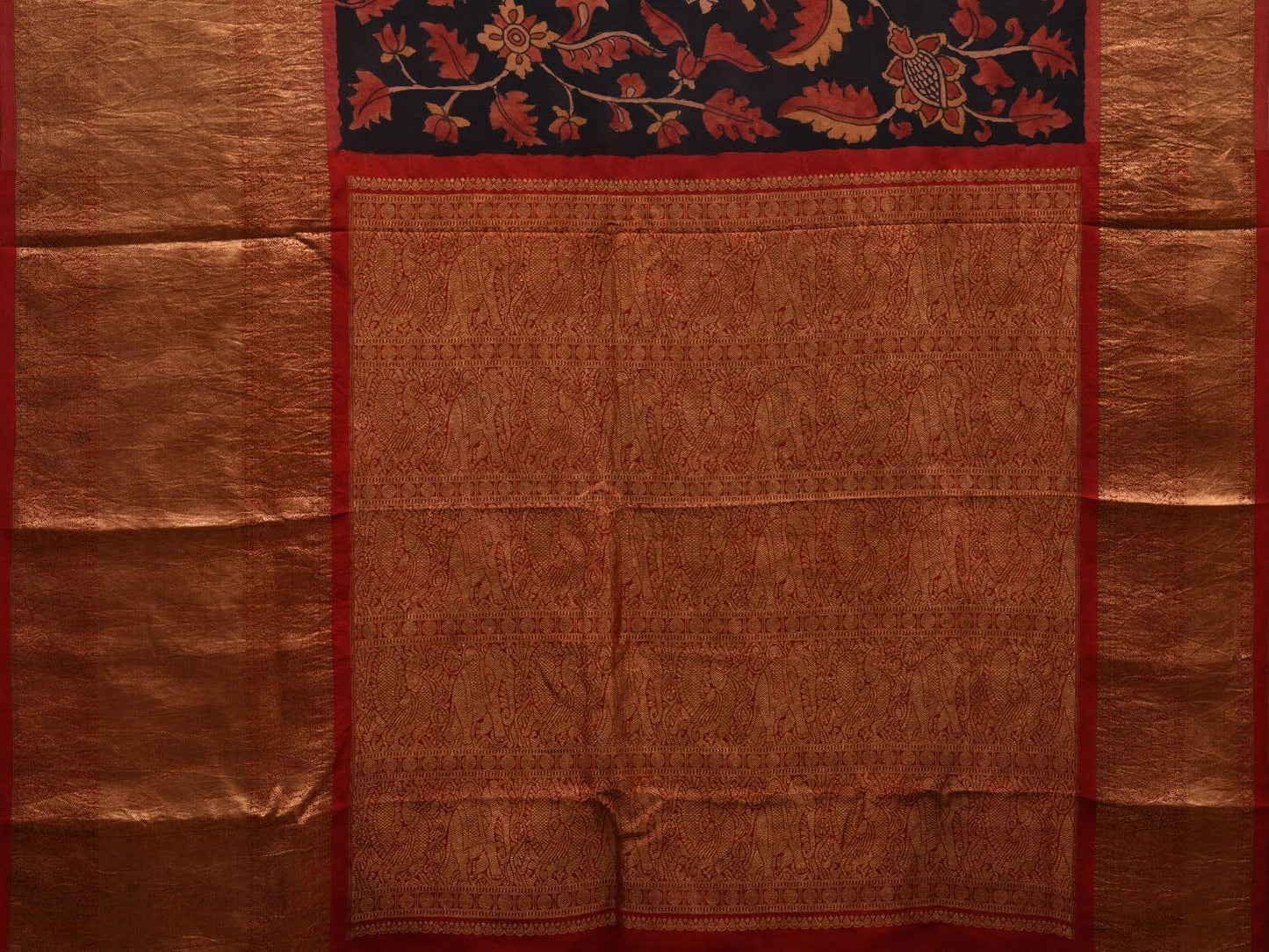 Black Kalamkari Hand Painted Kanchipuram Silk Handloom Saree with Floral Design KL0596