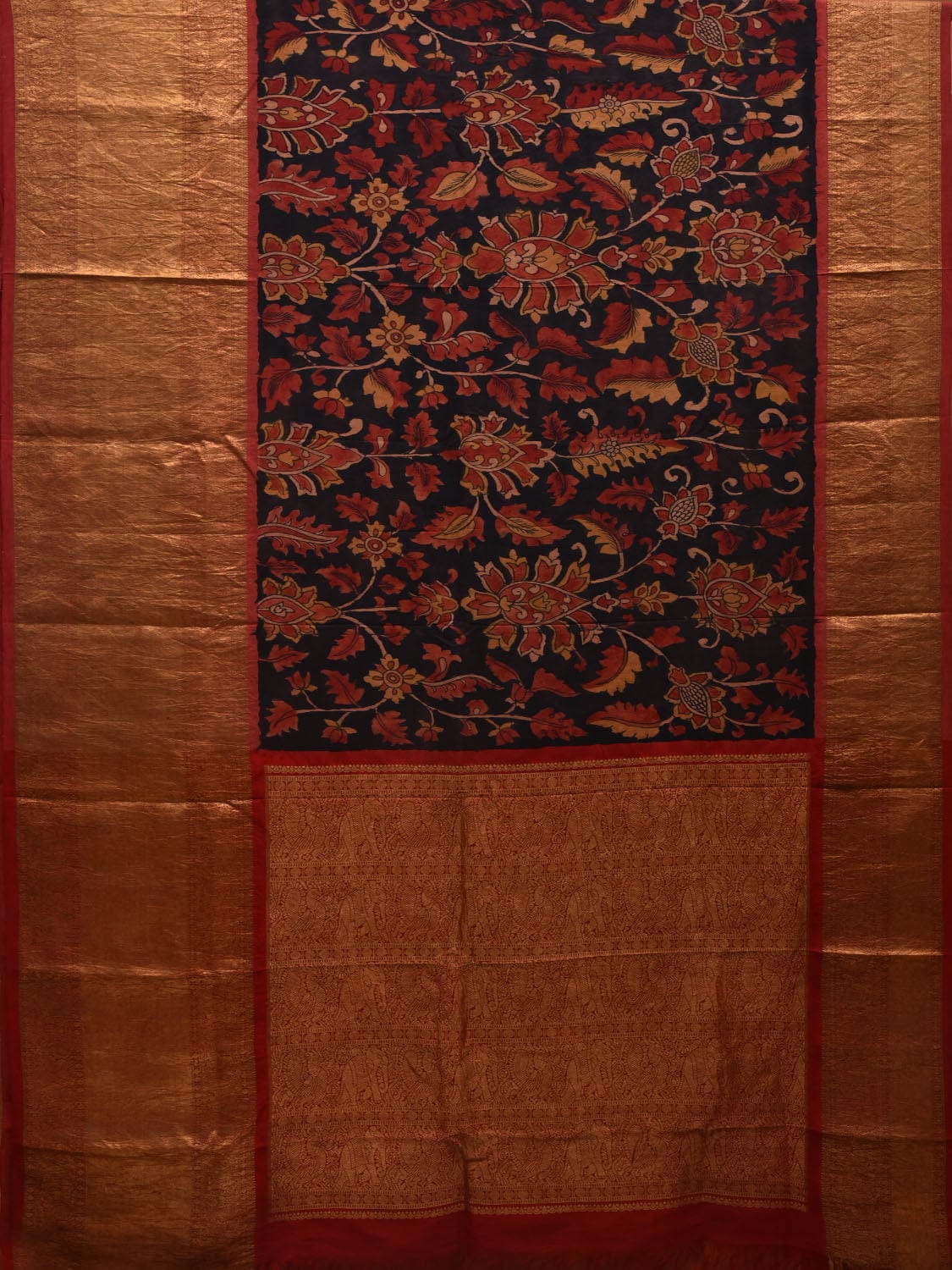 Black Kalamkari Hand Painted Kanchipuram Silk Handloom Saree with Floral Design KL0596