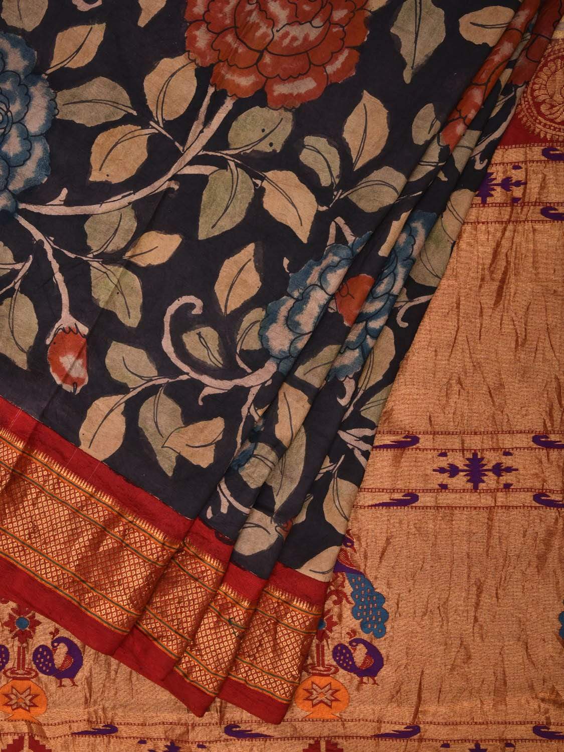 Black Kalamkari Hand Painted Paithani Silk Handloom Saree Big Flowers Design KL0484