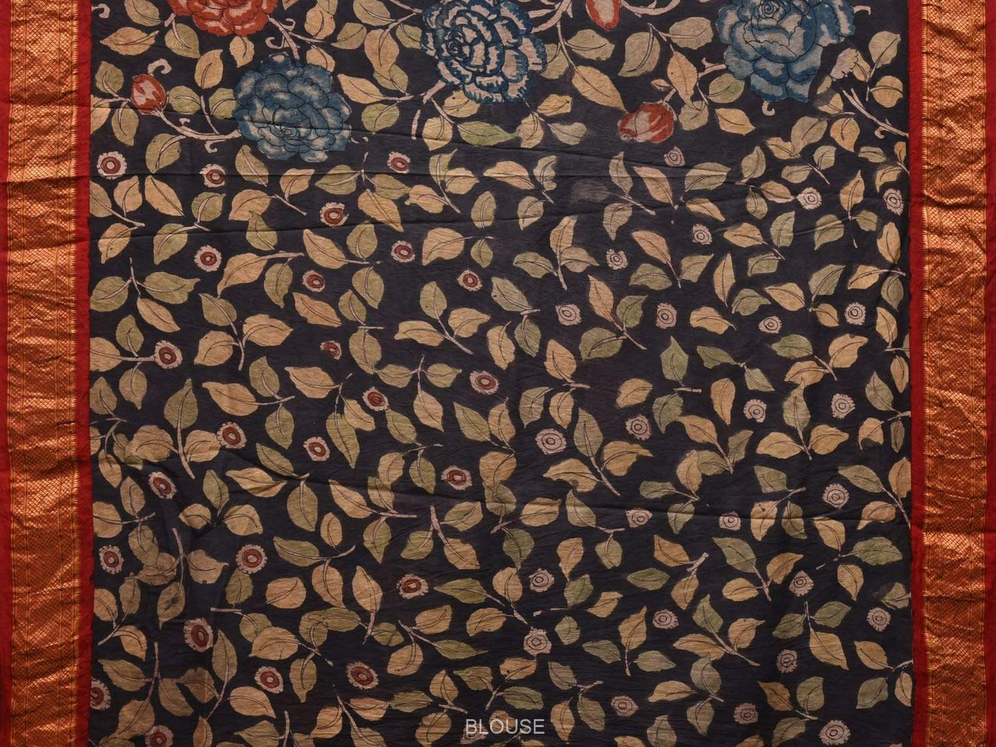 Black Kalamkari Hand Painted Paithani Silk Handloom Saree Big Flowers Design KL0484