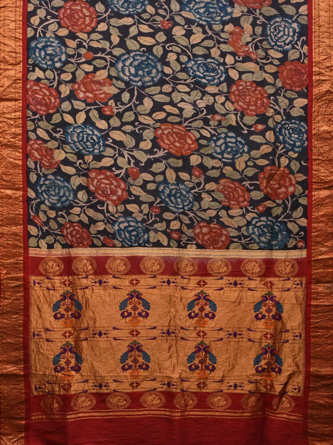 Black Kalamkari Hand Painted Paithani Silk Handloom Saree Big Flowers Design KL0484