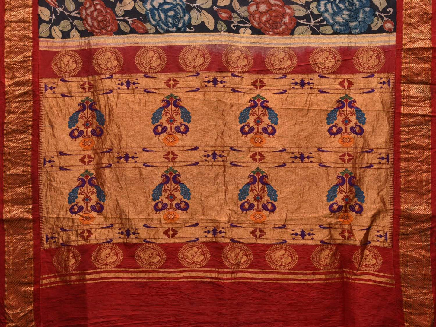 Black Kalamkari Hand Painted Paithani Silk Handloom Saree Big Flowers Design KL0484