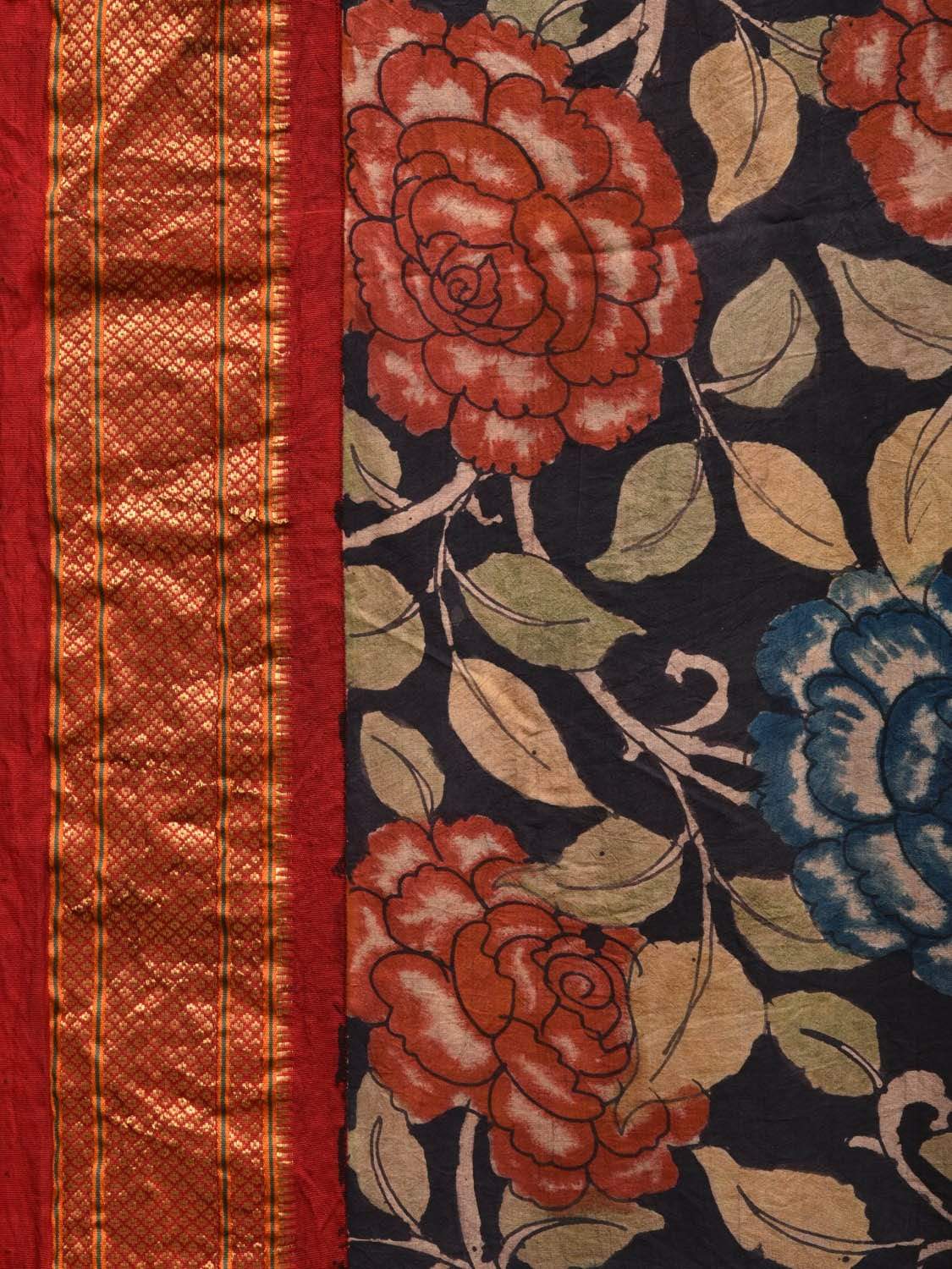 Black Kalamkari Hand Painted Paithani Silk Handloom Saree Big Flowers Design KL0484