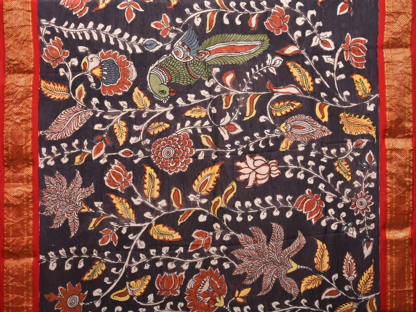 Black Kalamkari Hand Painted Paithani Silk Handloom Saree with Floral and Birds Design KL0444