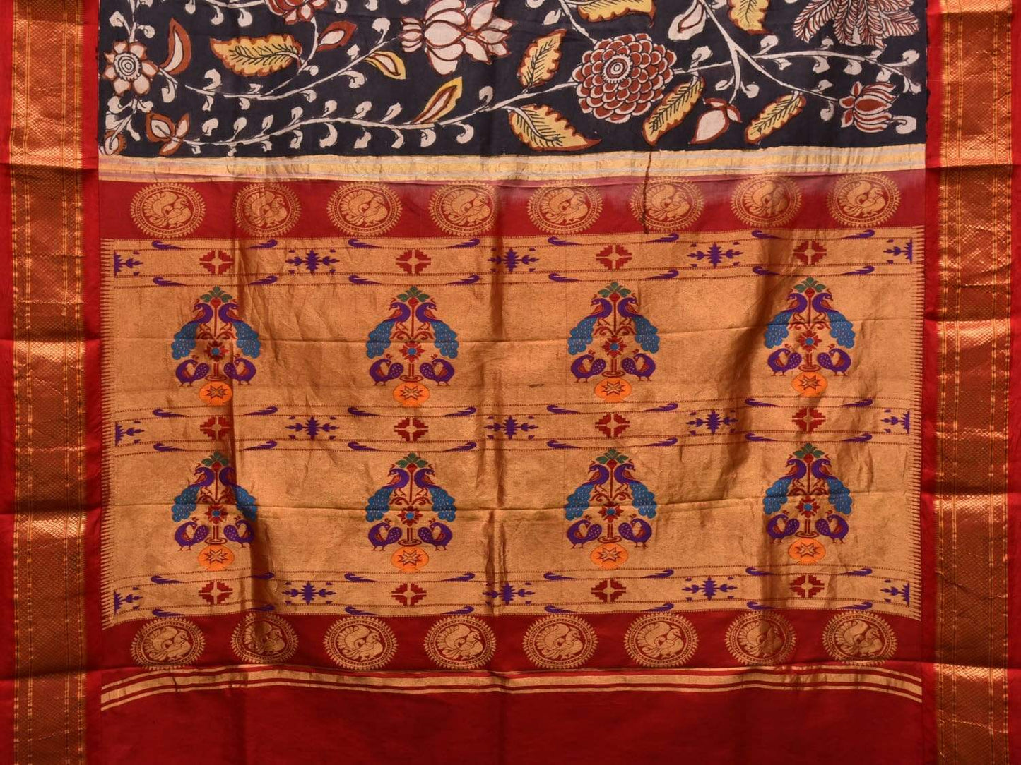 Black Kalamkari Hand Painted Paithani Silk Handloom Saree with Floral and Birds Design KL0444